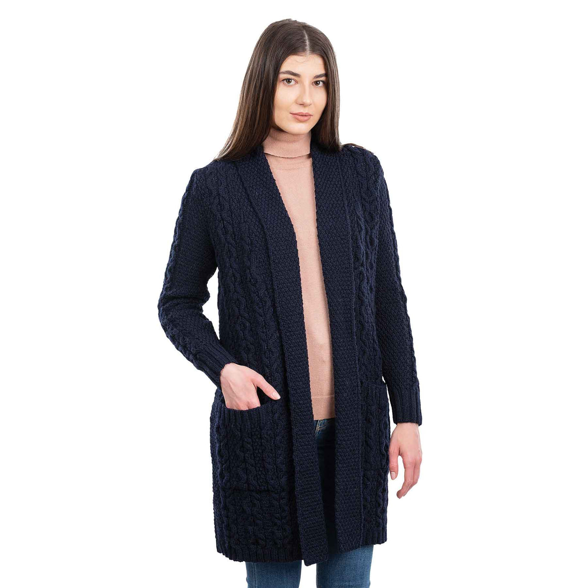 Women's Open Face Aran Knit Cardigan, Navy - Creative Irish Gifts