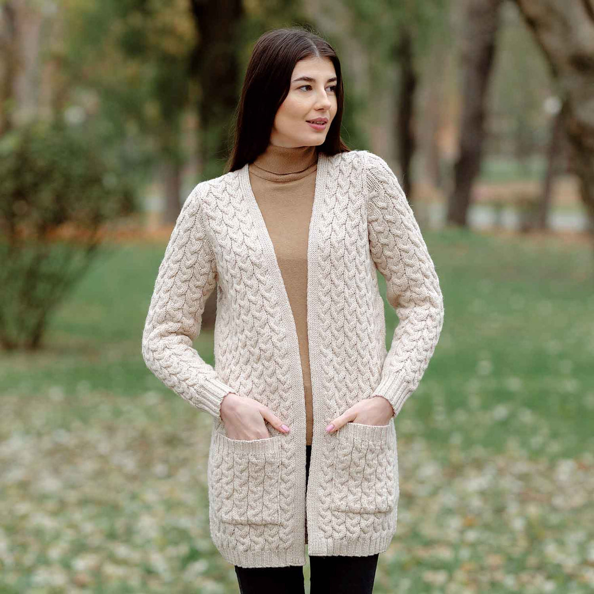 Women's Aran Knit Icon Cardigan Coat, Parsnip - Creative Irish Gifts