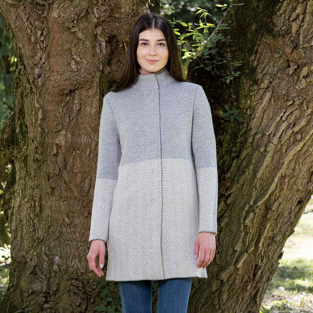 Women's Aran Knit Herringbone Coat, Grey - Creative Irish Gifts