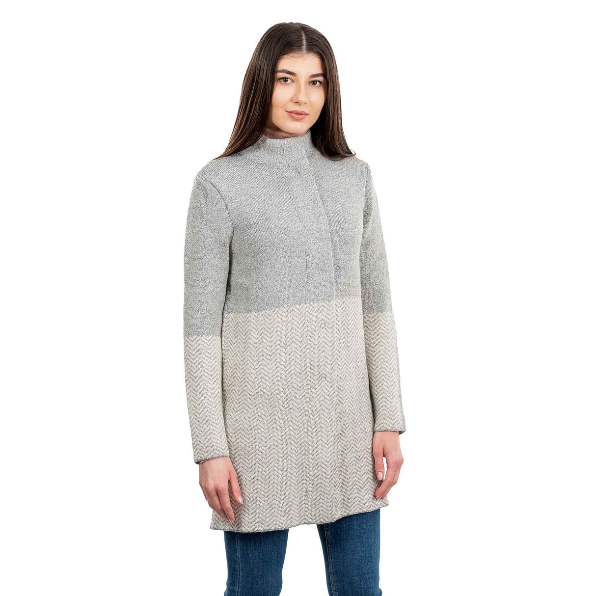 Women's Aran Knit Herringbone Coat, Grey - Creative Irish Gifts