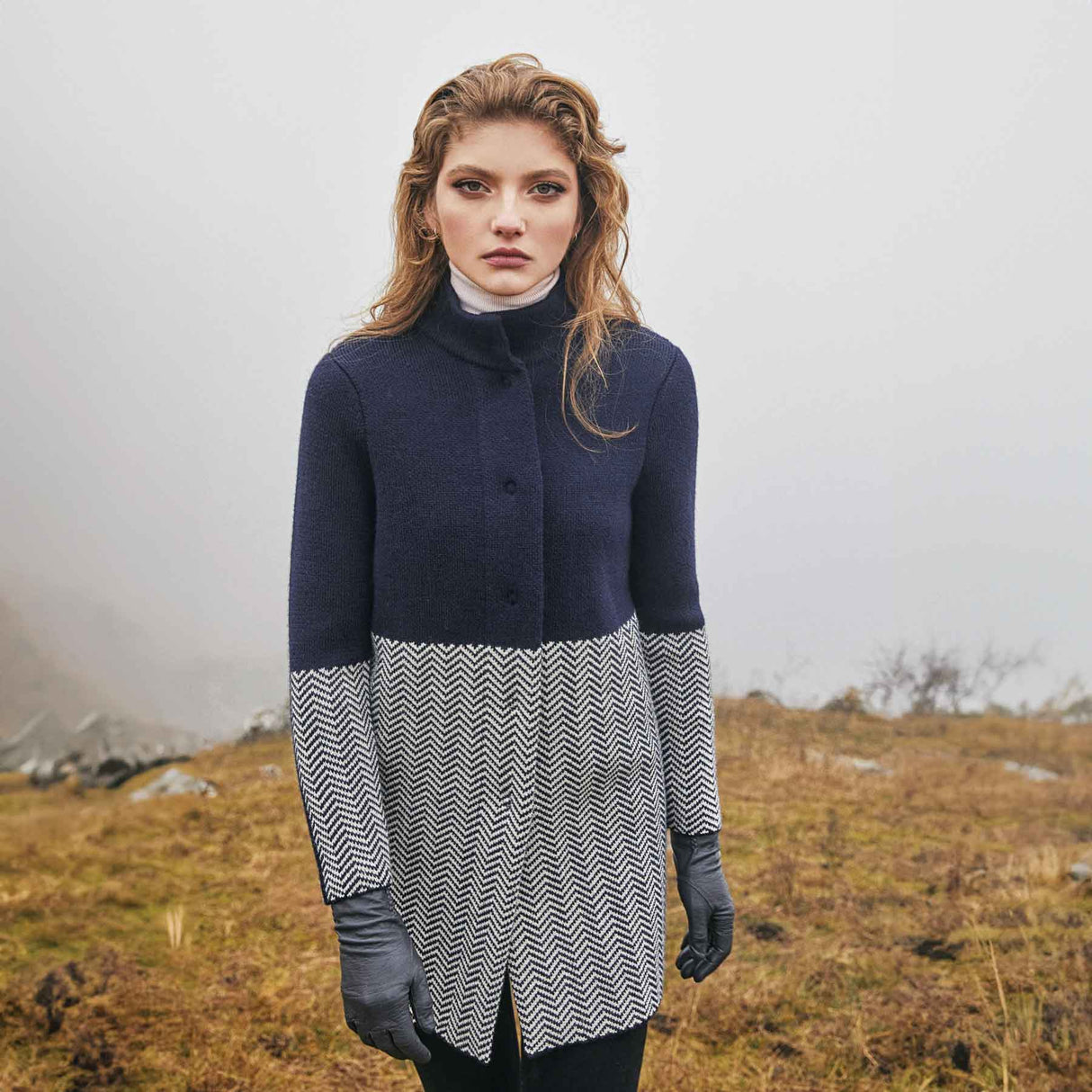 Women's Aran Knit Herringbone Coat, Navy - Creative Irish Gifts