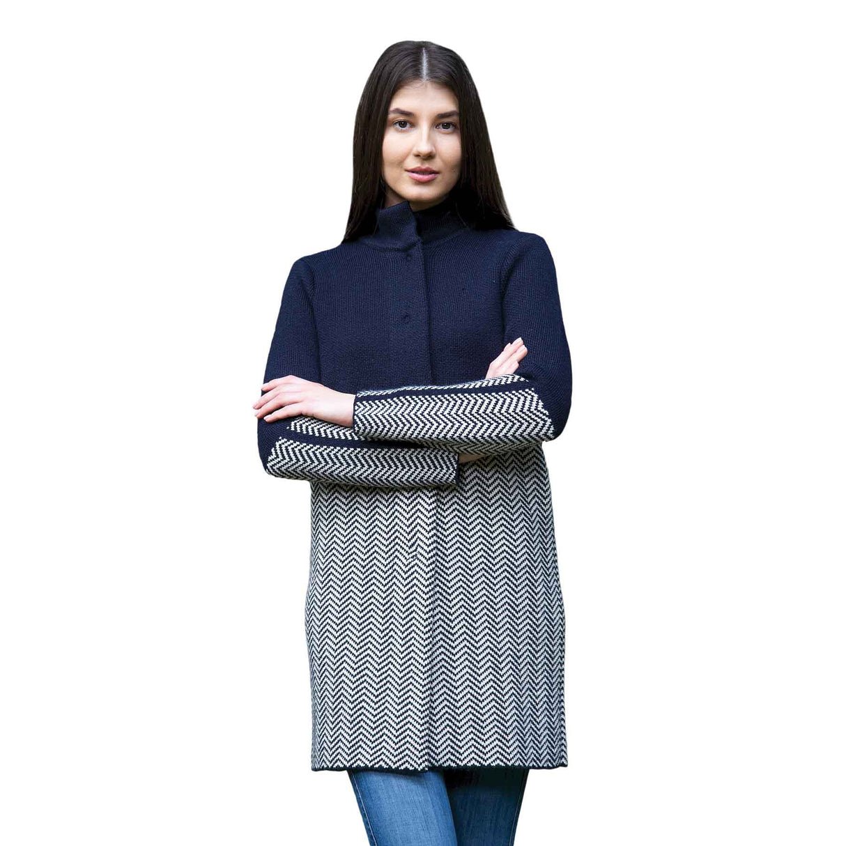 Women's Aran Knit Herringbone Coat, Navy - Creative Irish Gifts
