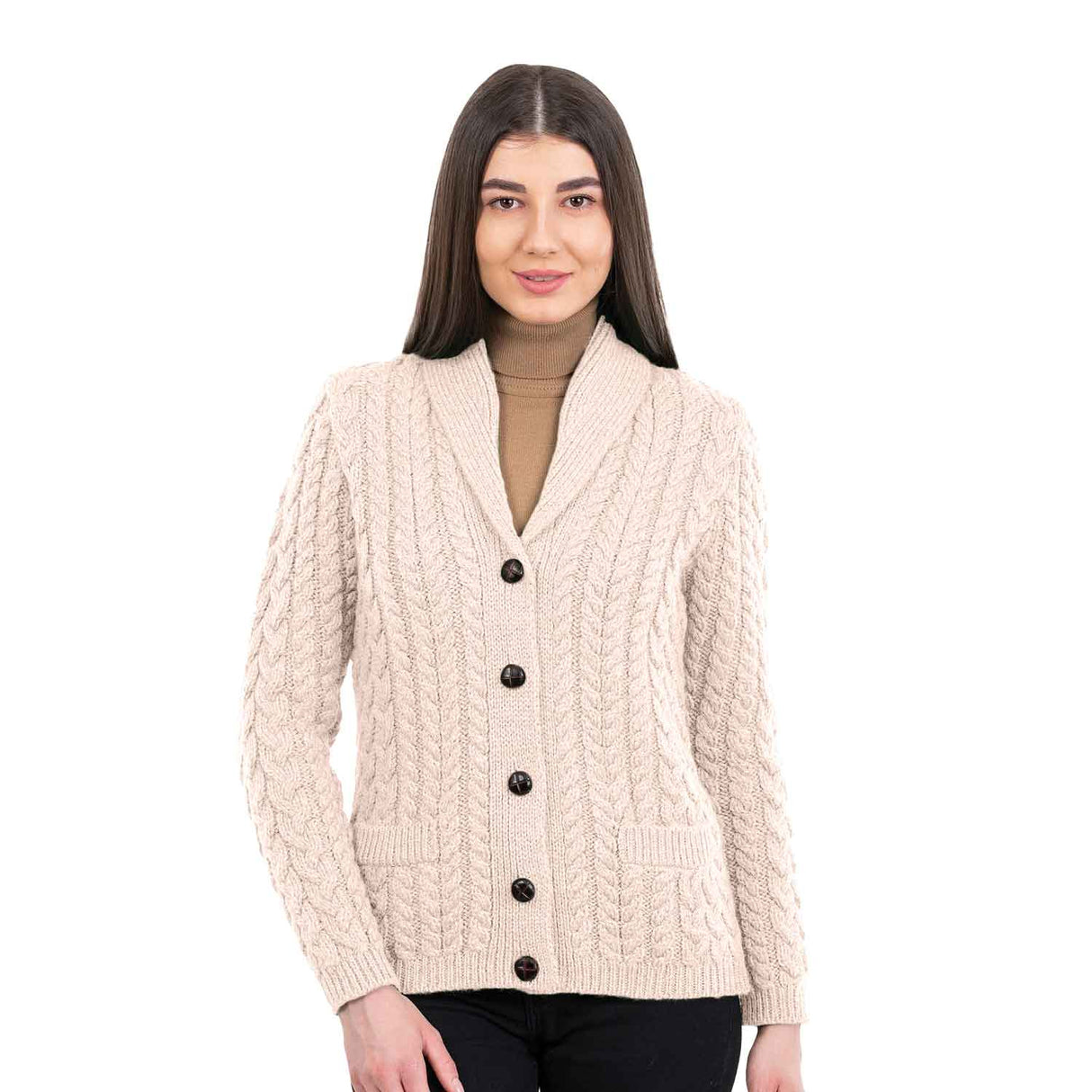 Women's Aran Knit Shawl Neck Cardigan, Parsnip - Creative Irish Gifts