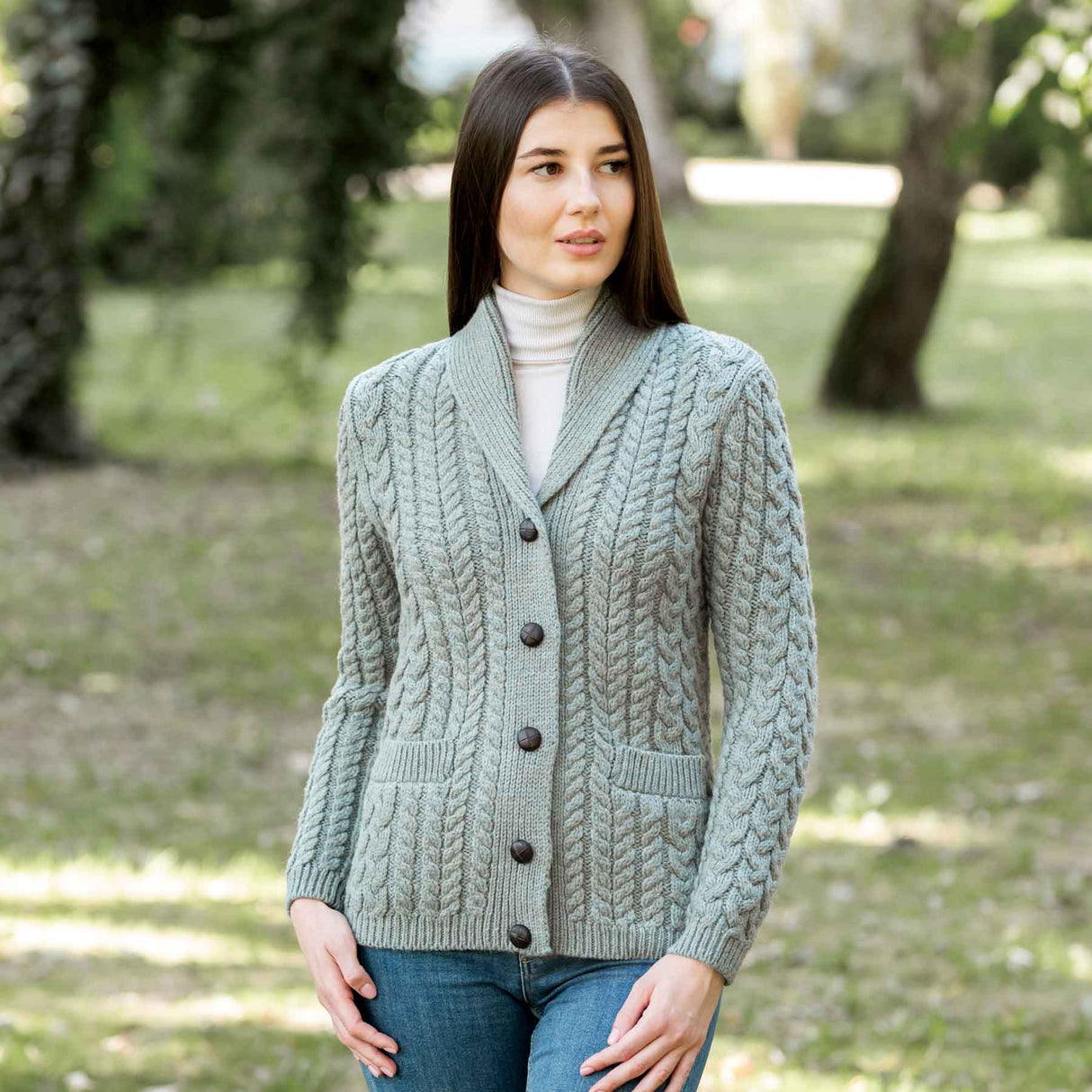 Women's Aran Knit Shawl Neck Cardigan, Skylight - Creative Irish Gifts