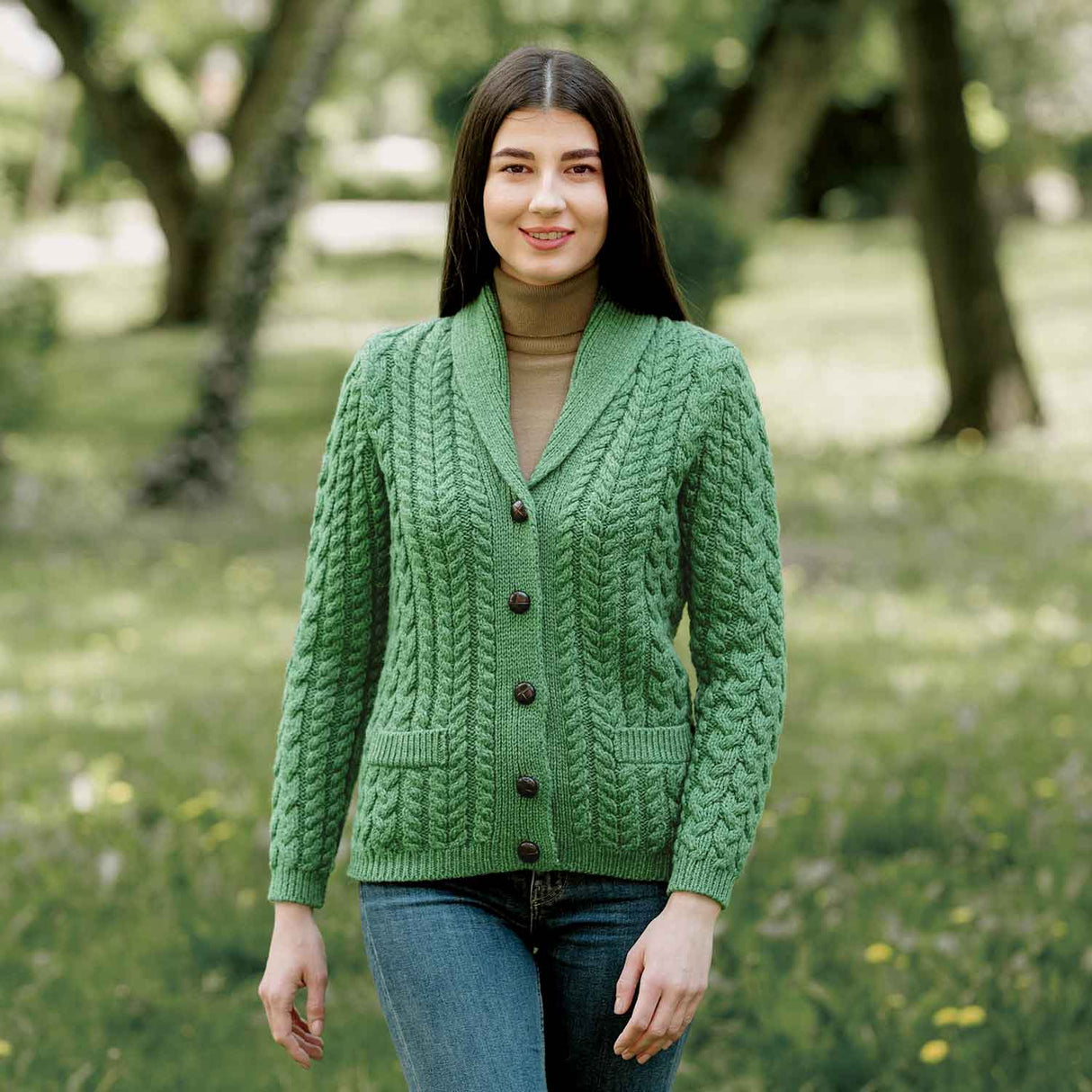 Women's Aran Knit Shawl Neck Cardigan, Green - Creative Irish Gifts