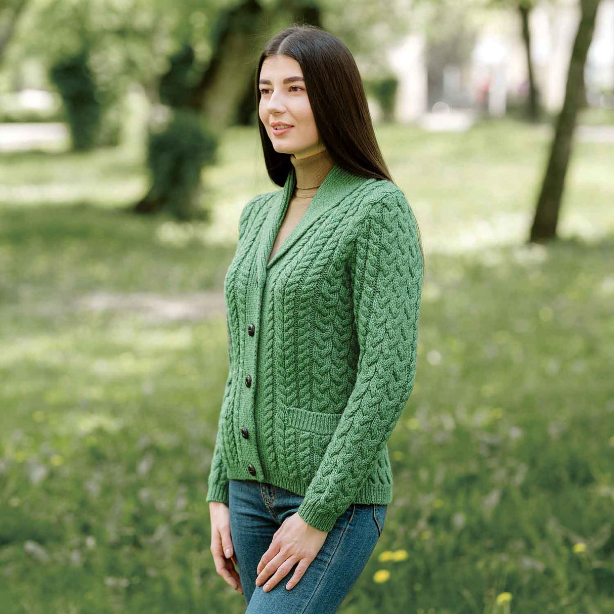 Women's Aran Knit Shawl Neck Cardigan, Green - Creative Irish Gifts