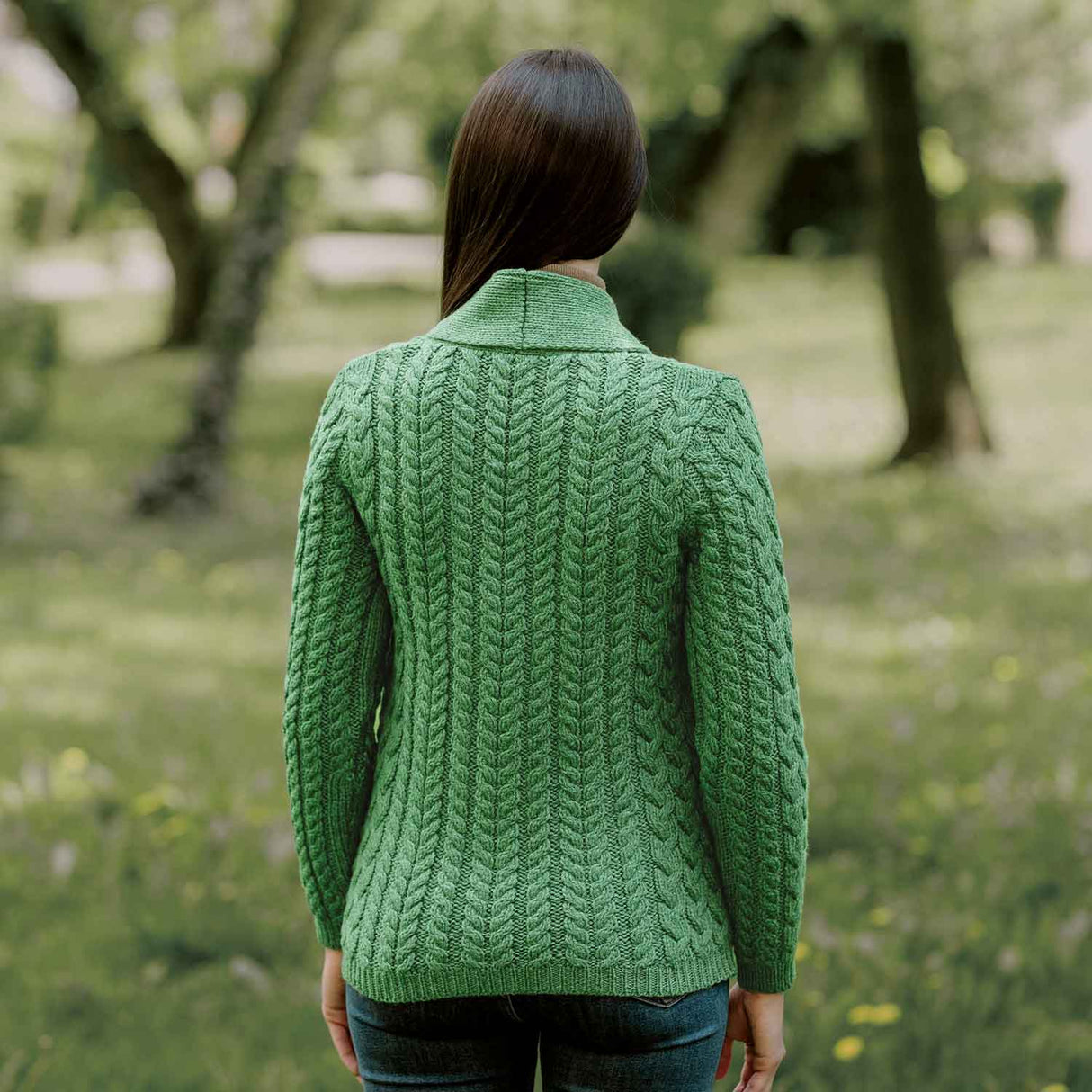 Women's Aran Knit Shawl Neck Cardigan, Green - Creative Irish Gifts