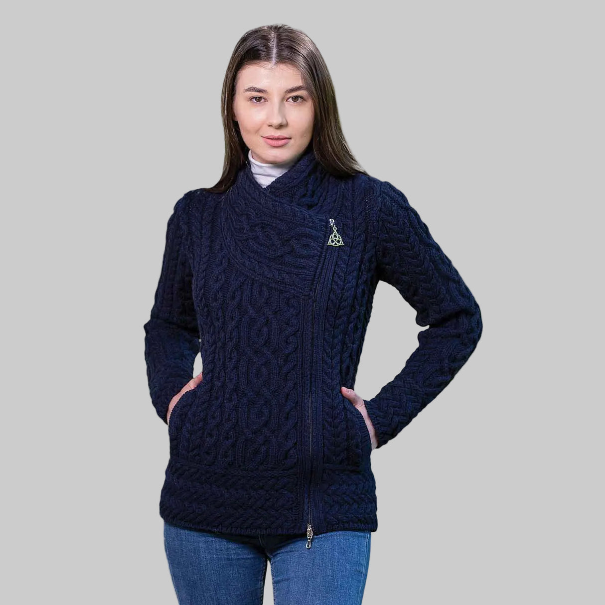 Women's Aran Knit Asymmetrical Zip Moto Coat, Navy - Creative Irish Gifts