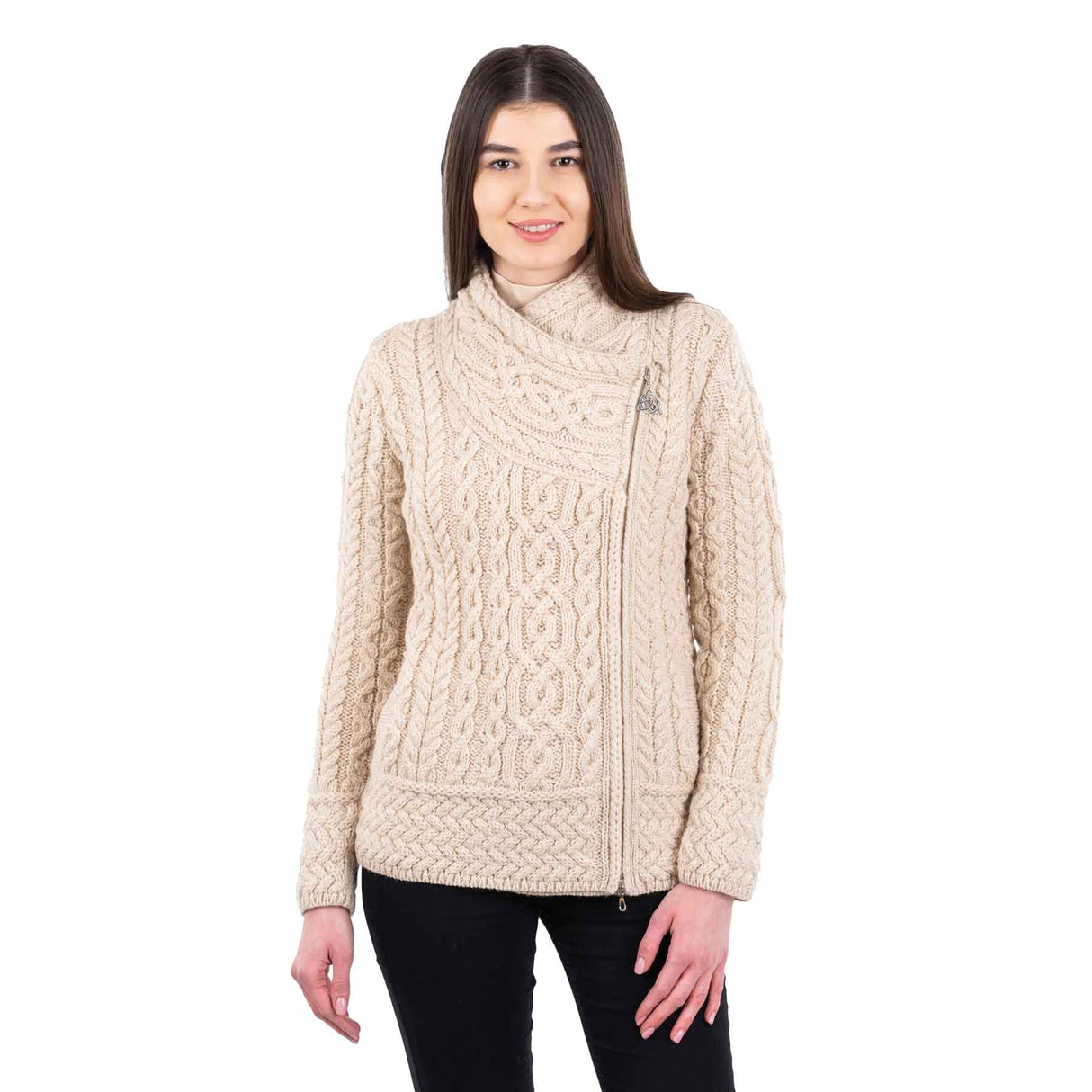 Women's Aran Knit Asymmetrical Zip Moto Coat, Parsnip - Creative Irish Gifts