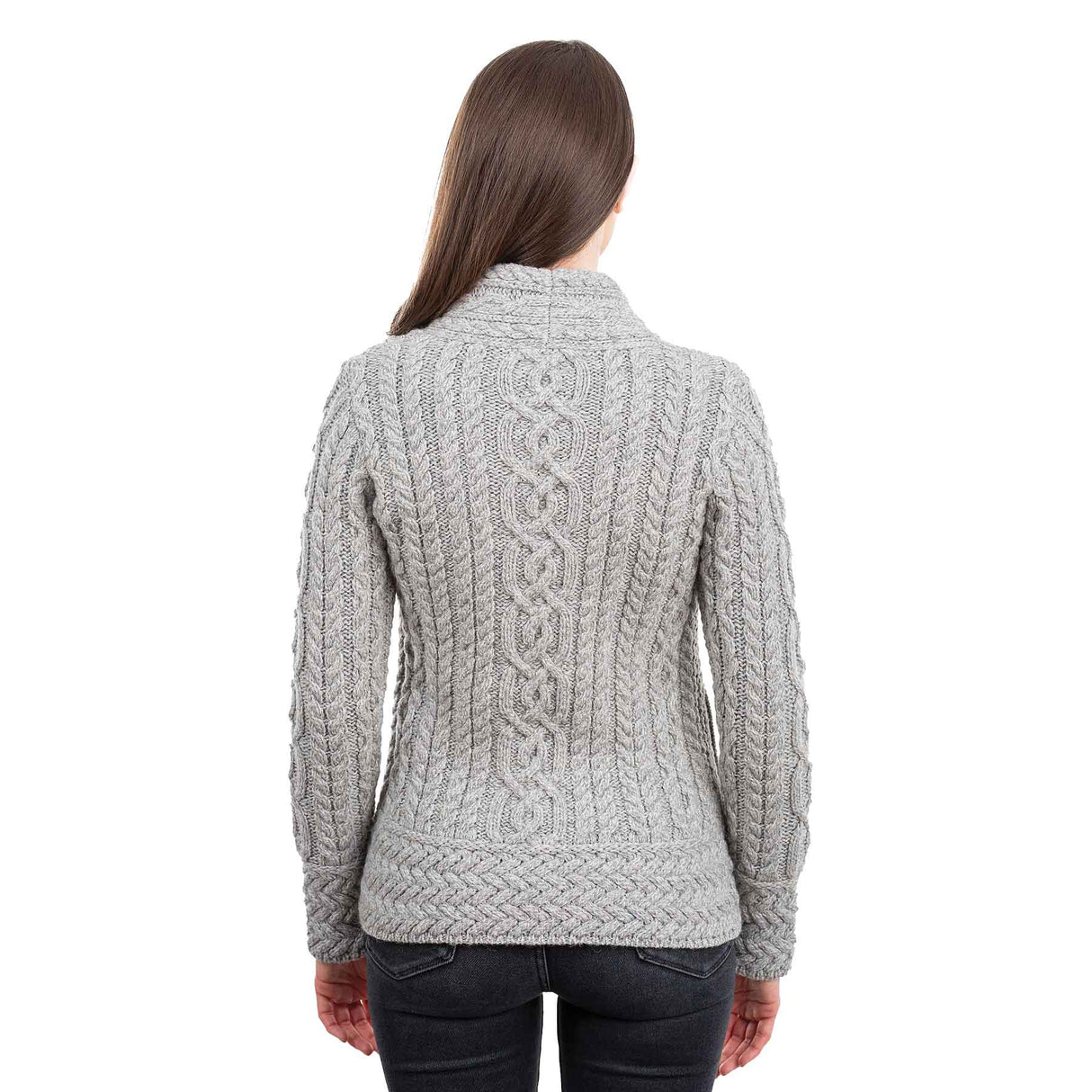 Women's Aran Knit Asymmetrical Zip Moto Coat, Grey - Creative Irish Gifts