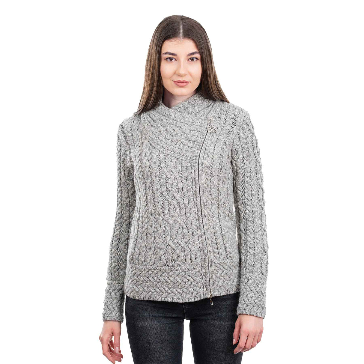 Women's Aran Knit Asymmetrical Zip Moto Coat, Grey - Creative Irish Gifts