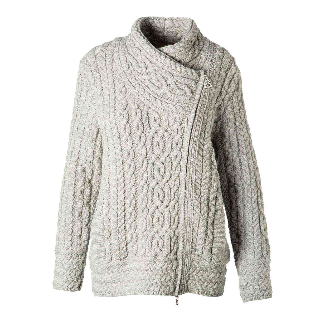 Women's Aran Knit Asymmetrical Zip Moto Coat, Grey - Creative Irish Gifts