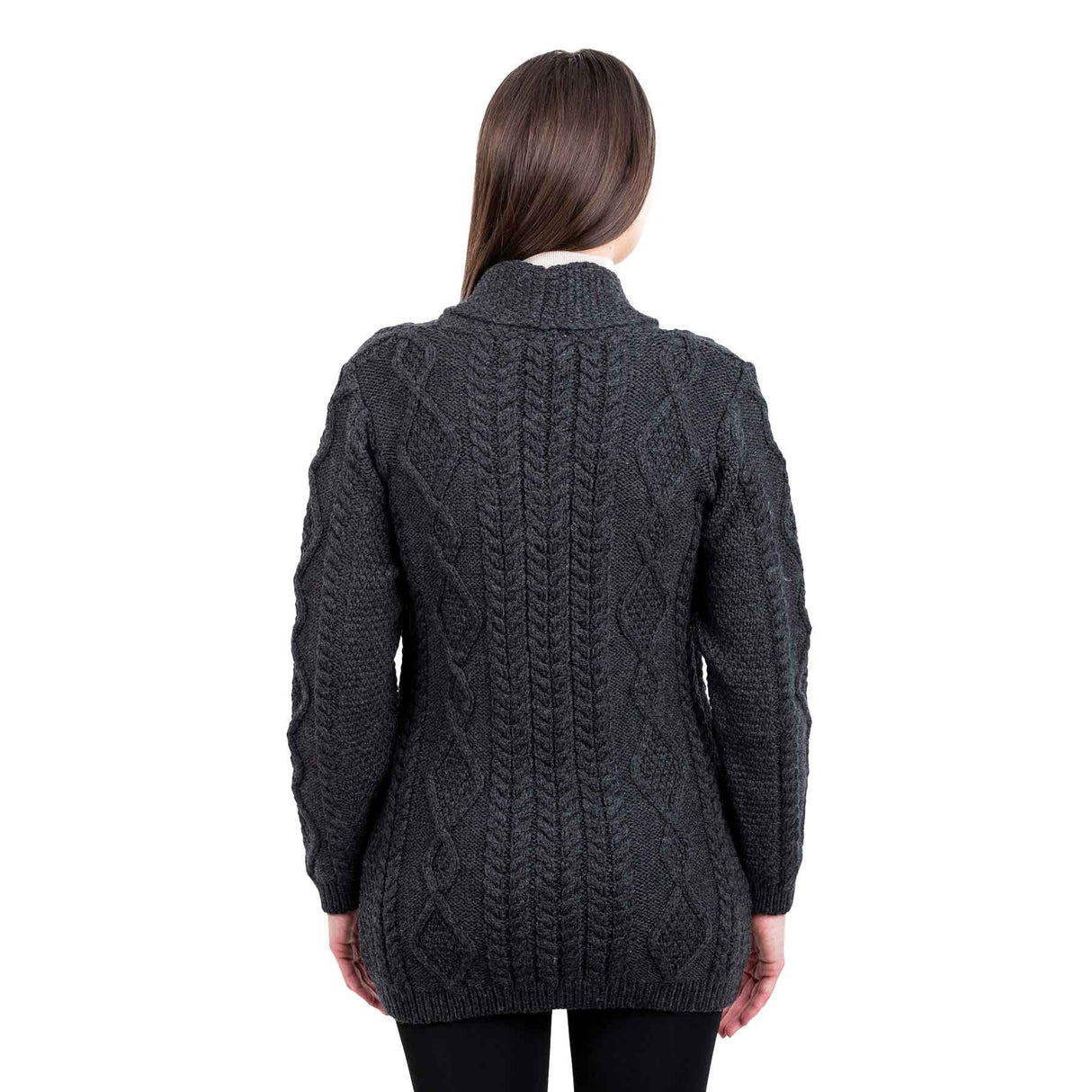 Women's Aran Knit Boyfriend Collar Cardigan, Charcoal - Creative Irish Gifts