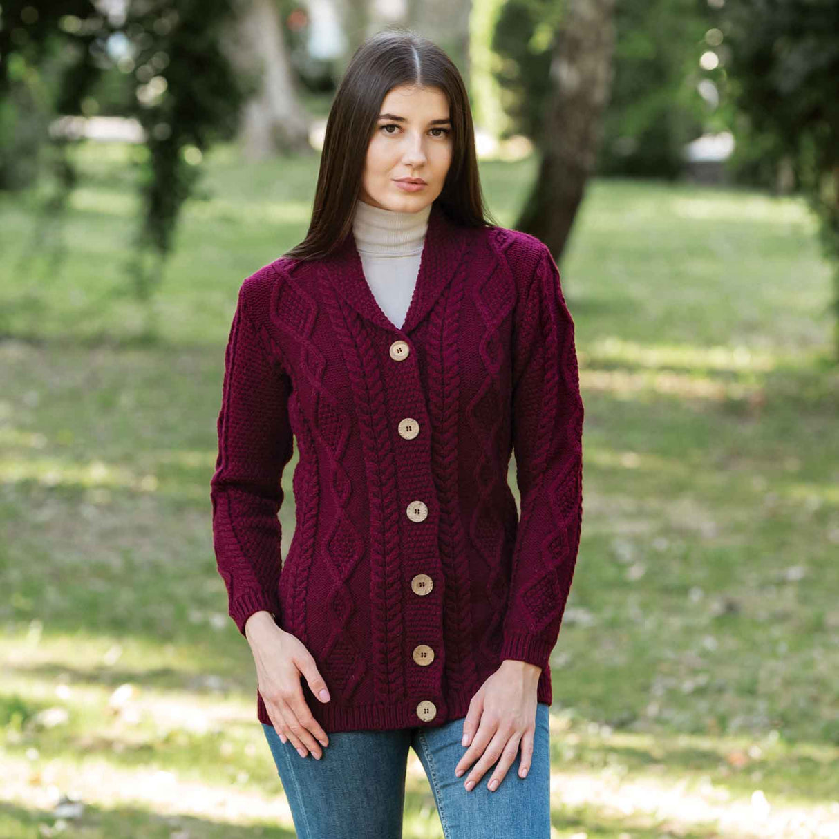 Women's Aran Knit Boyfriend Collar Cardigan, Wine - Creative Irish Gifts