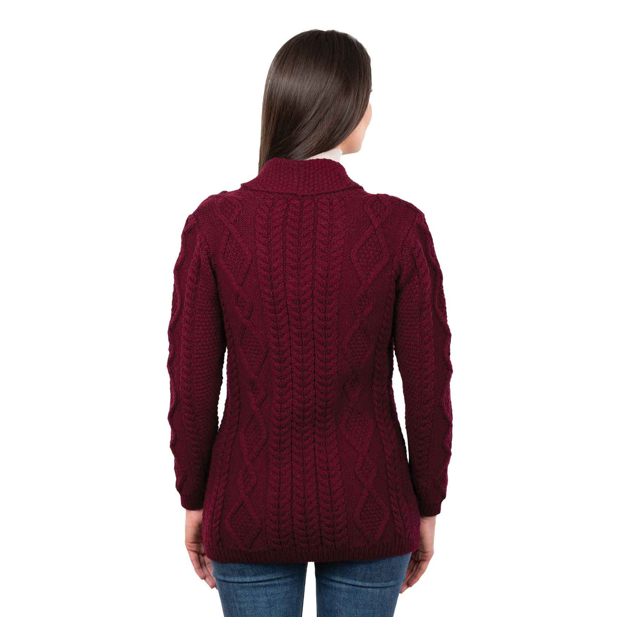 Women's Aran Knit Boyfriend Collar Cardigan, Wine - Creative Irish Gifts