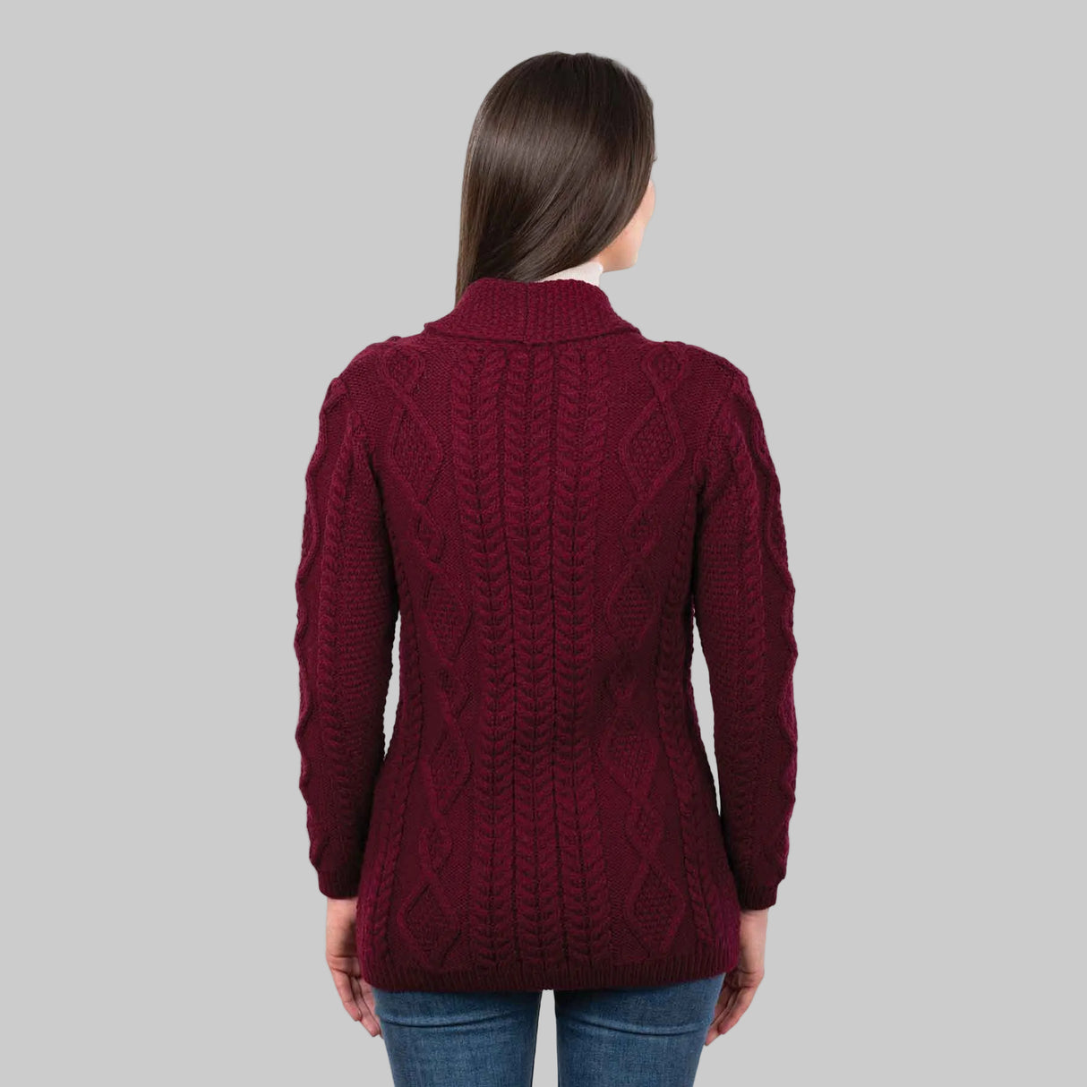Women's Aran Knit Boyfriend Collar Cardigan, Wine - Creative Irish Gifts
