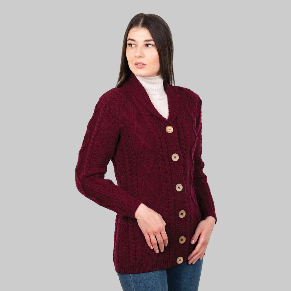 Women's Aran Knit Boyfriend Collar Cardigan, Wine - Creative Irish Gifts
