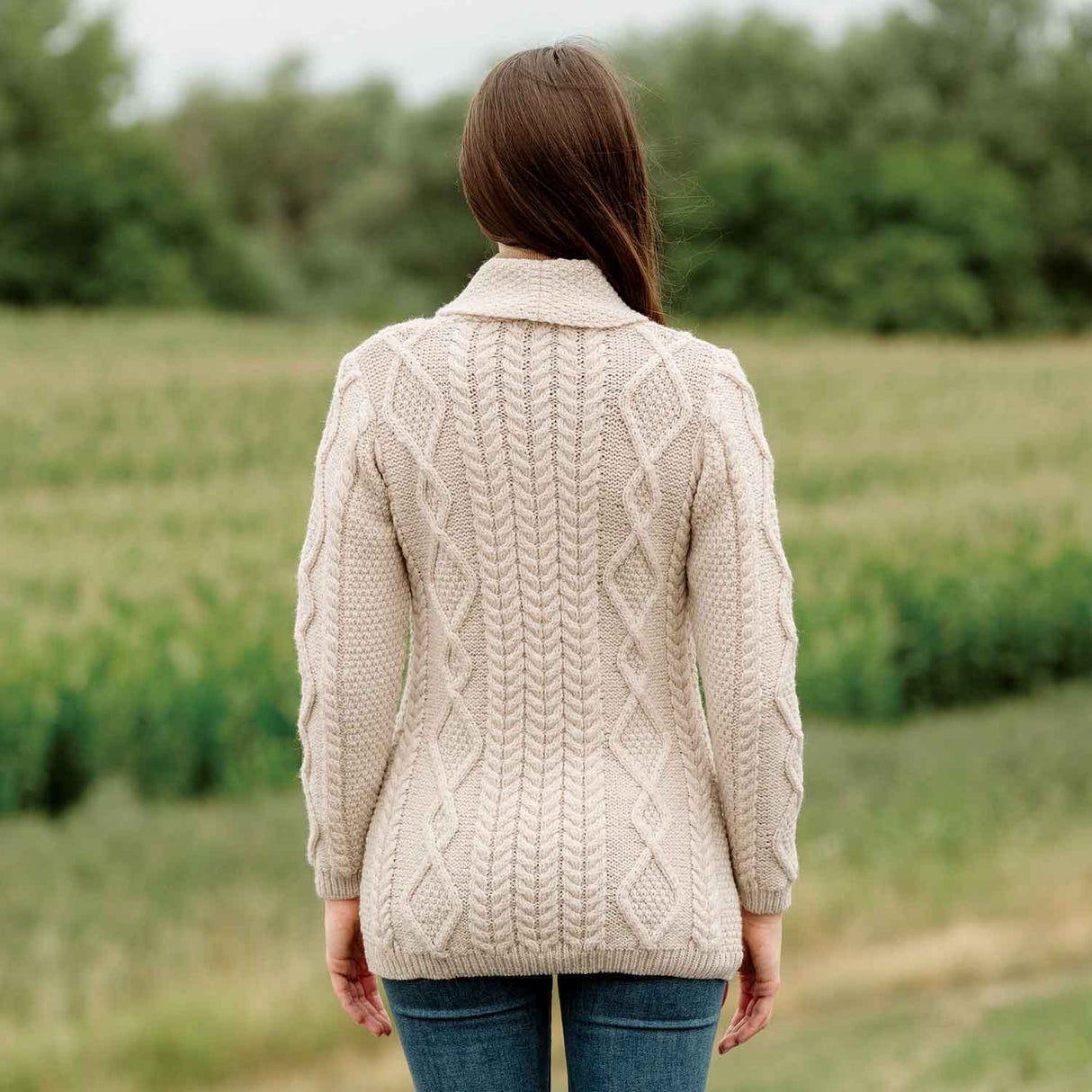 Women's Aran Knit Boyfriend Collar Cardigan, Parsnip - Creative Irish Gifts