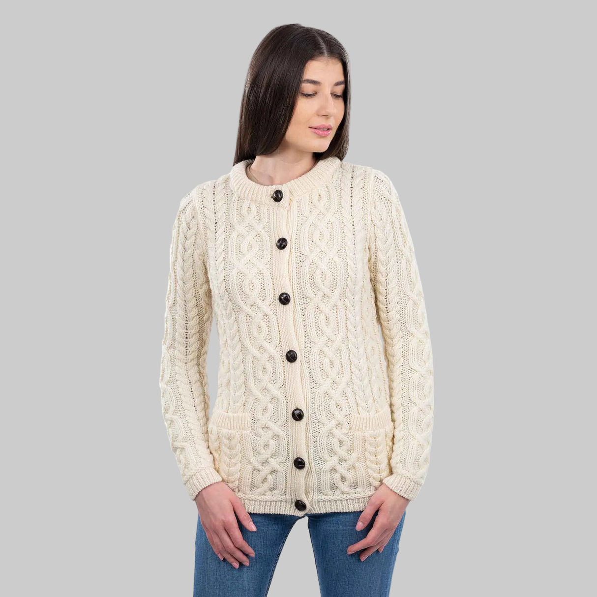 Women's Aran Knit Button Cardigan, Natural - Creative Irish Gifts
