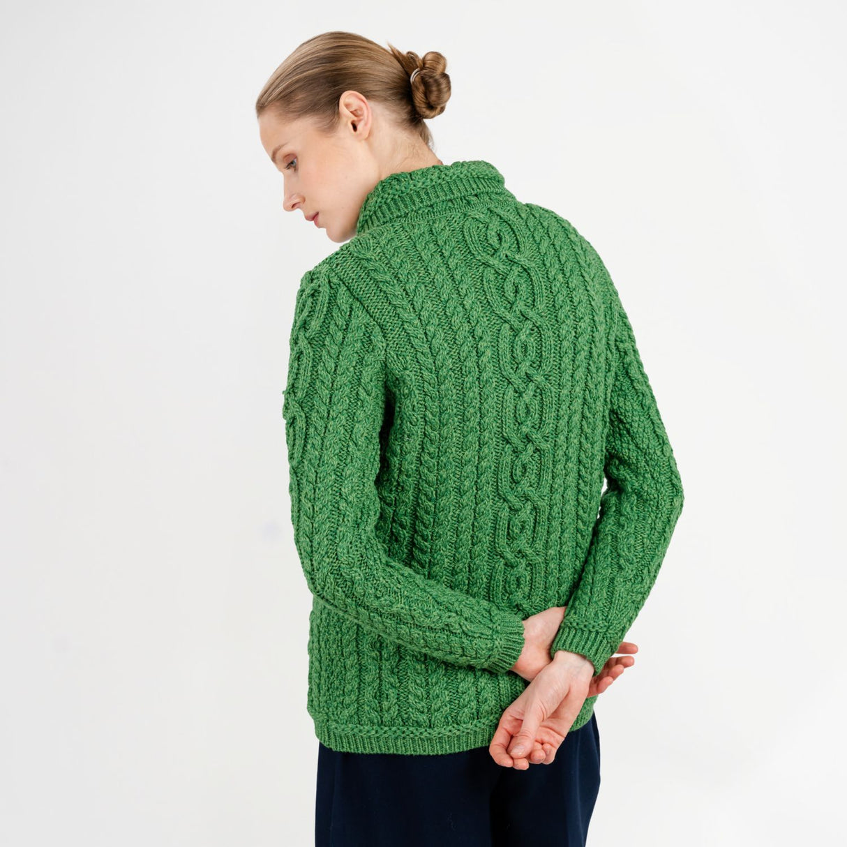 CG781-GRNSM Women's Aran Knit Button-Up Cardigan, Green Back View Creative Irish Gifts.com