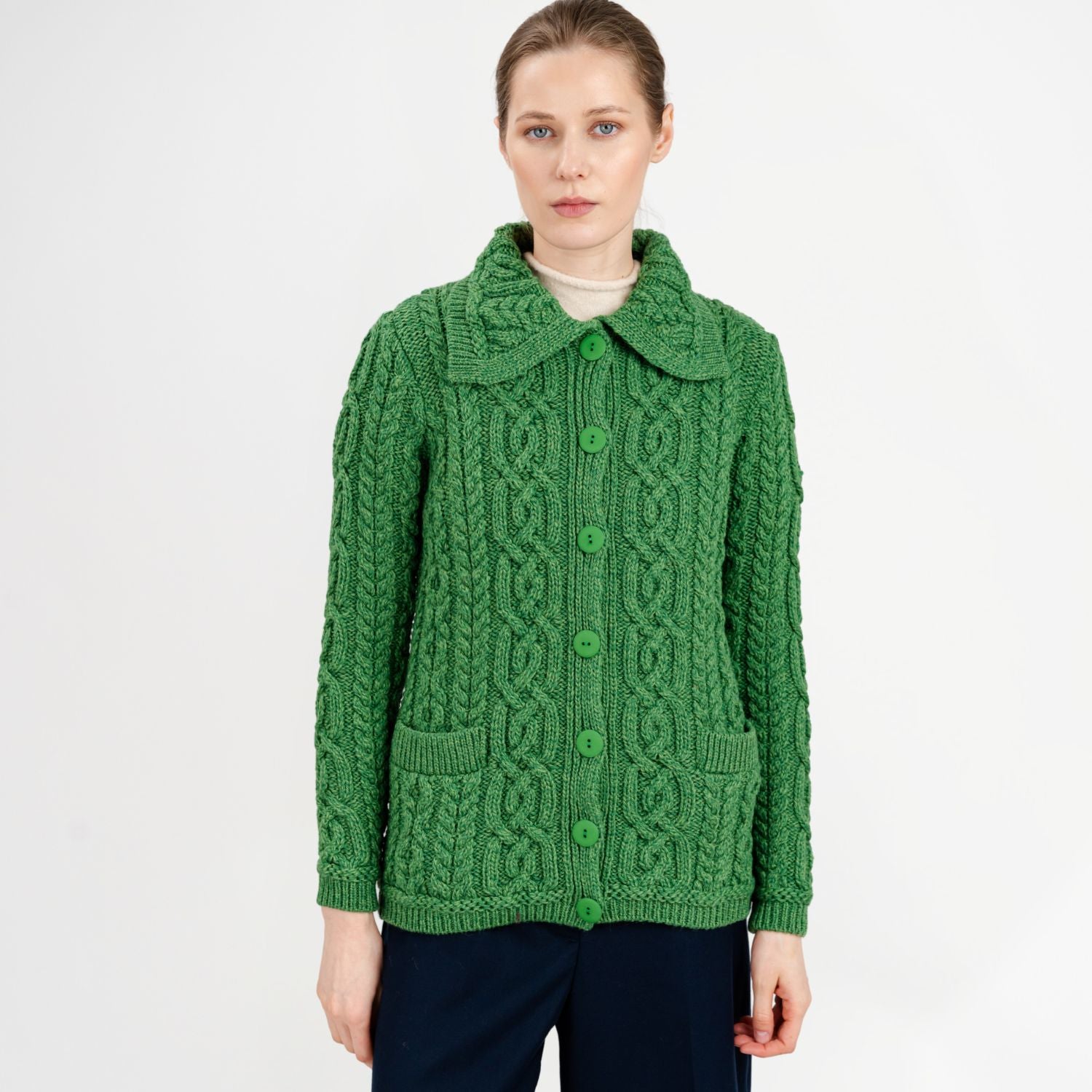 Women's Aran Knit Button-Up Cardigan, Green | US Shipping