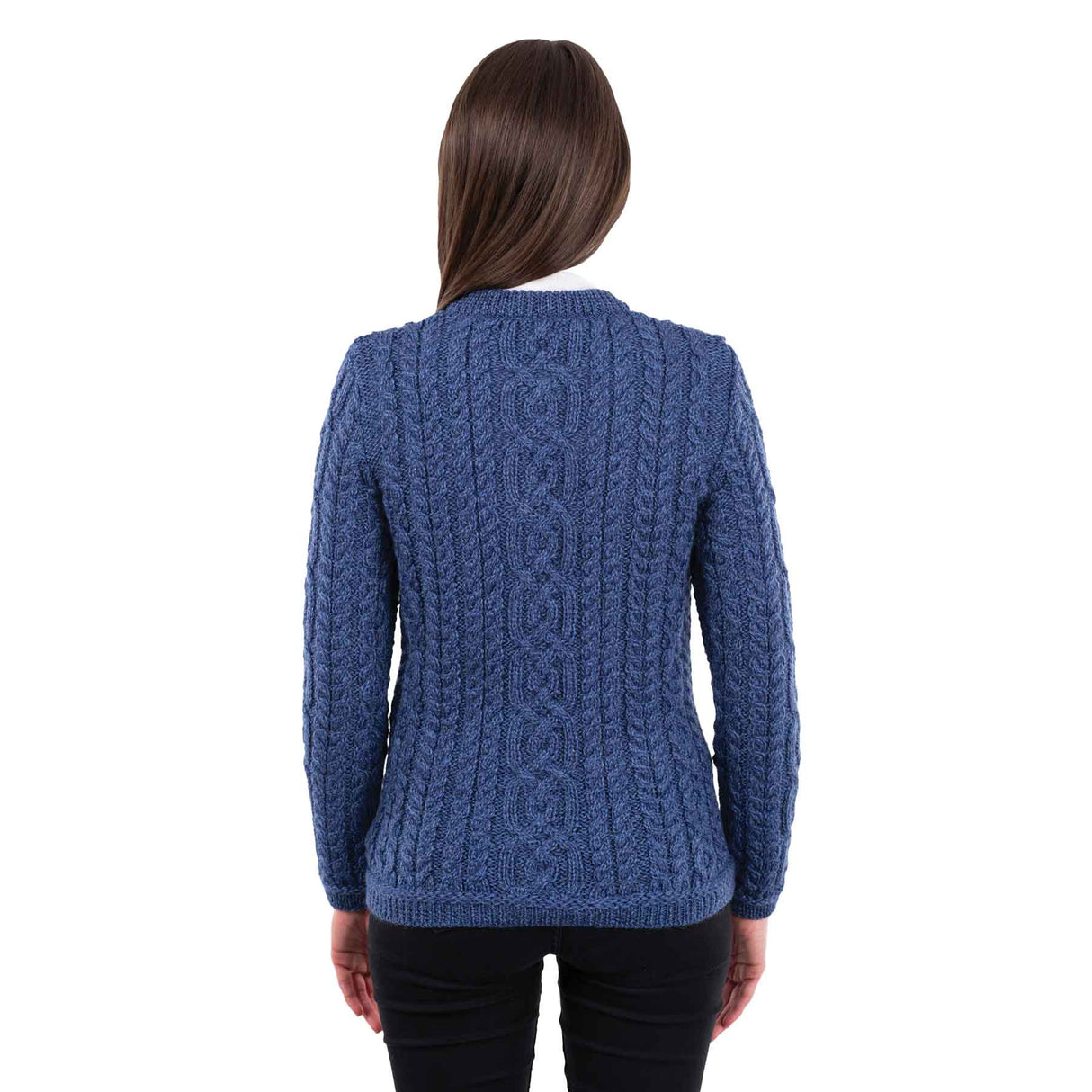 Women's Aran Knit Button Cardigan, Marl Blue - Creative Irish Gifts Back View
