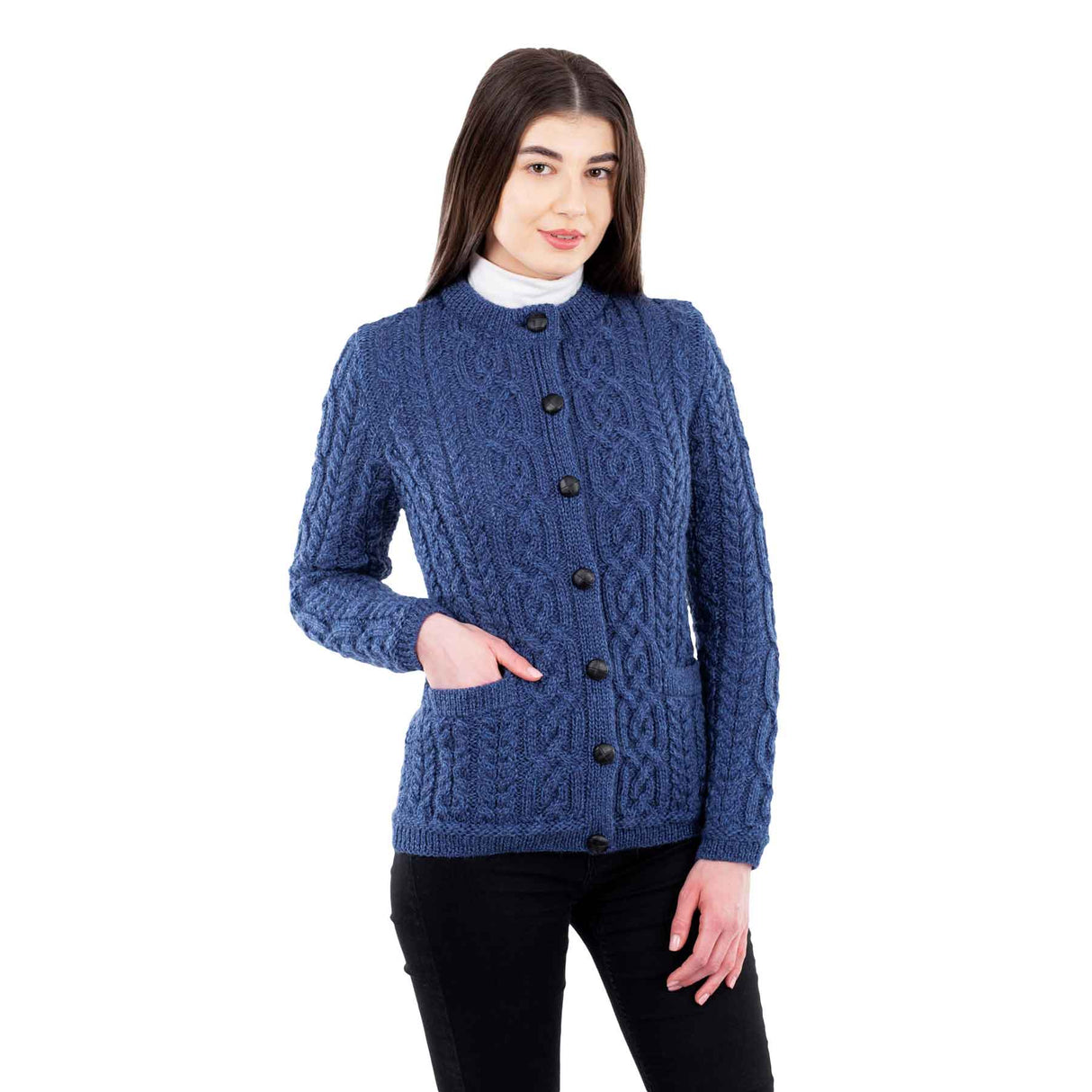 Women's Aran Knit Button Cardigan, Marl Blue - Creative Irish Gifts