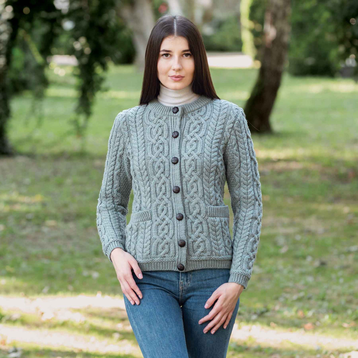 Women's Aran Knit Button Cardigan, Skylight - Creative Irish Gifts