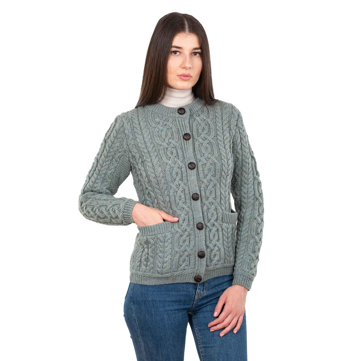 Women's Aran Knit Button Cardigan, Skylight - Creative Irish Gifts