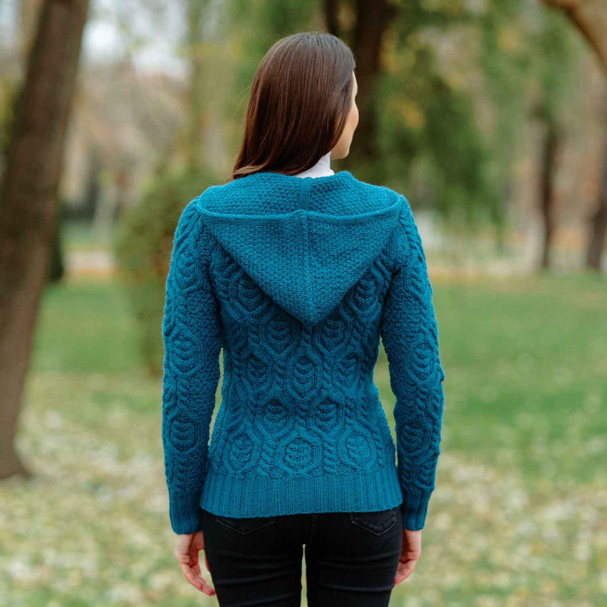 Women's Aran Knit Double Collar Zipped Cardigan, Teal - Creative Irish Gifts