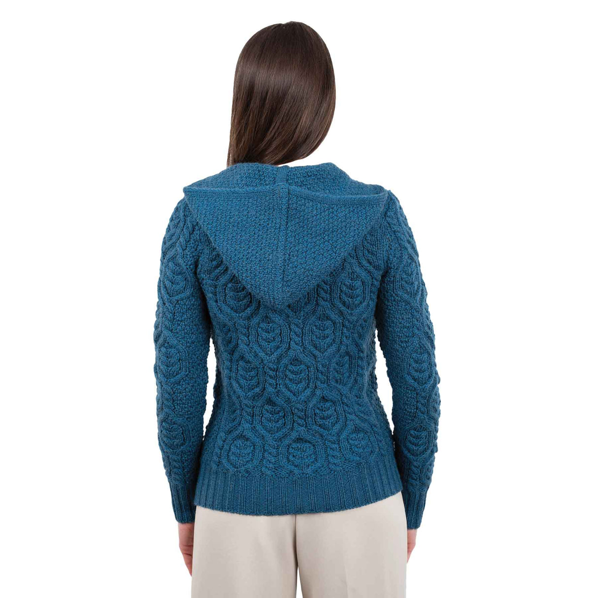 Women's Aran Knit Double Collar Zipped Cardigan, Teal - Creative Irish Gifts