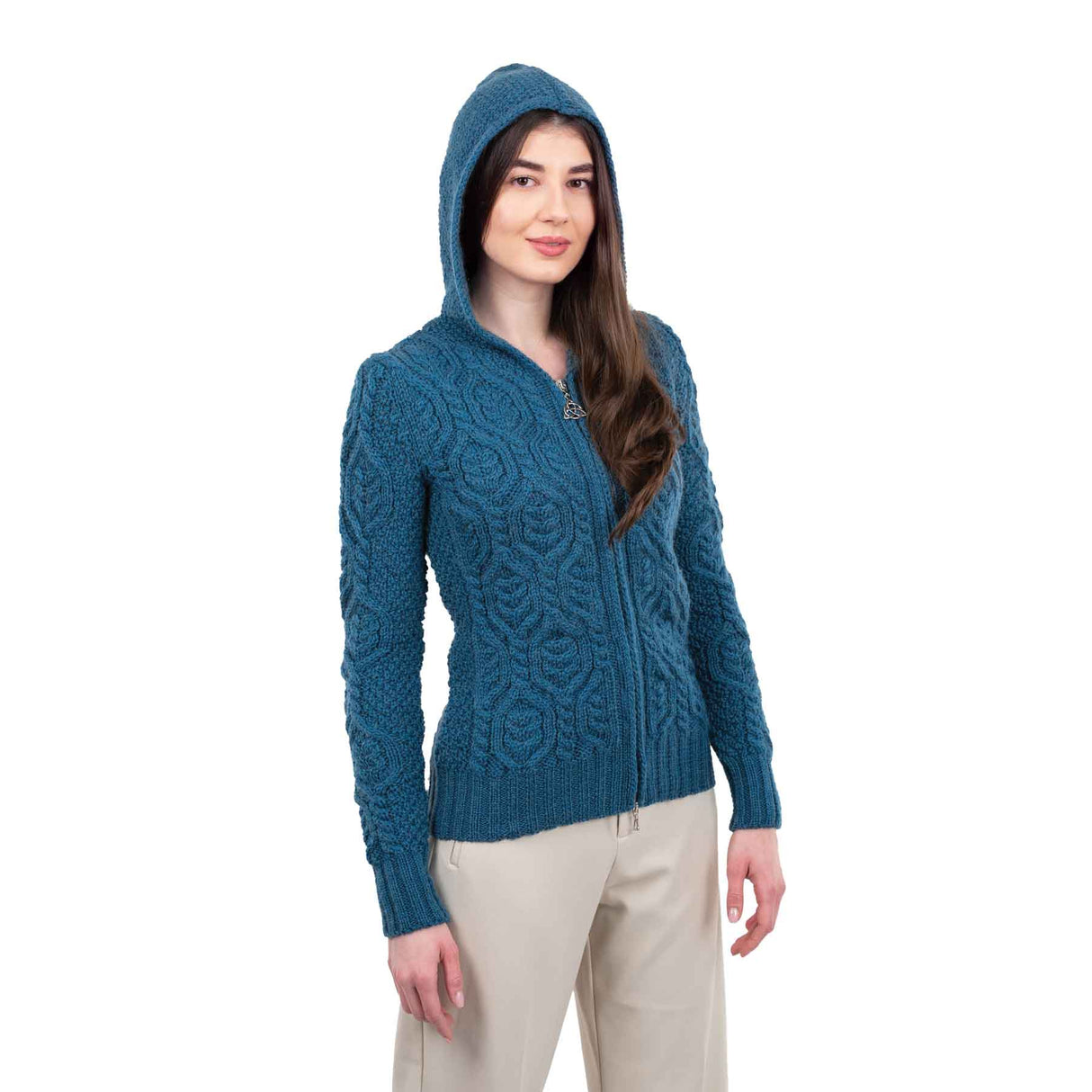 Women's Aran Knit Double Collar Zipped Cardigan, Teal - Creative Irish Gifts