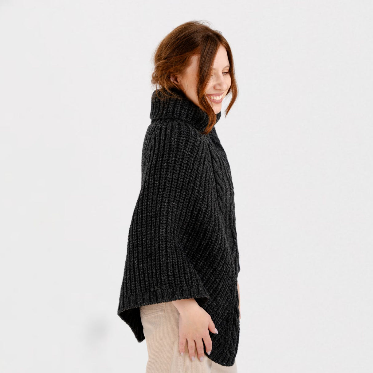 CG791 Merino Wool Aran Cable Cowl Neck Poncho, Antrachite Side View Creative Irish Gifts.com