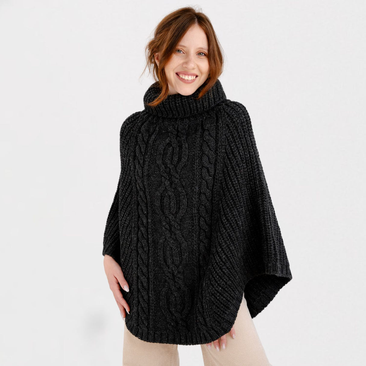 CG791 Merino Wool Aran Cable Cowl Neck Poncho, Antrachite Studio Creative Irish Gifts.com