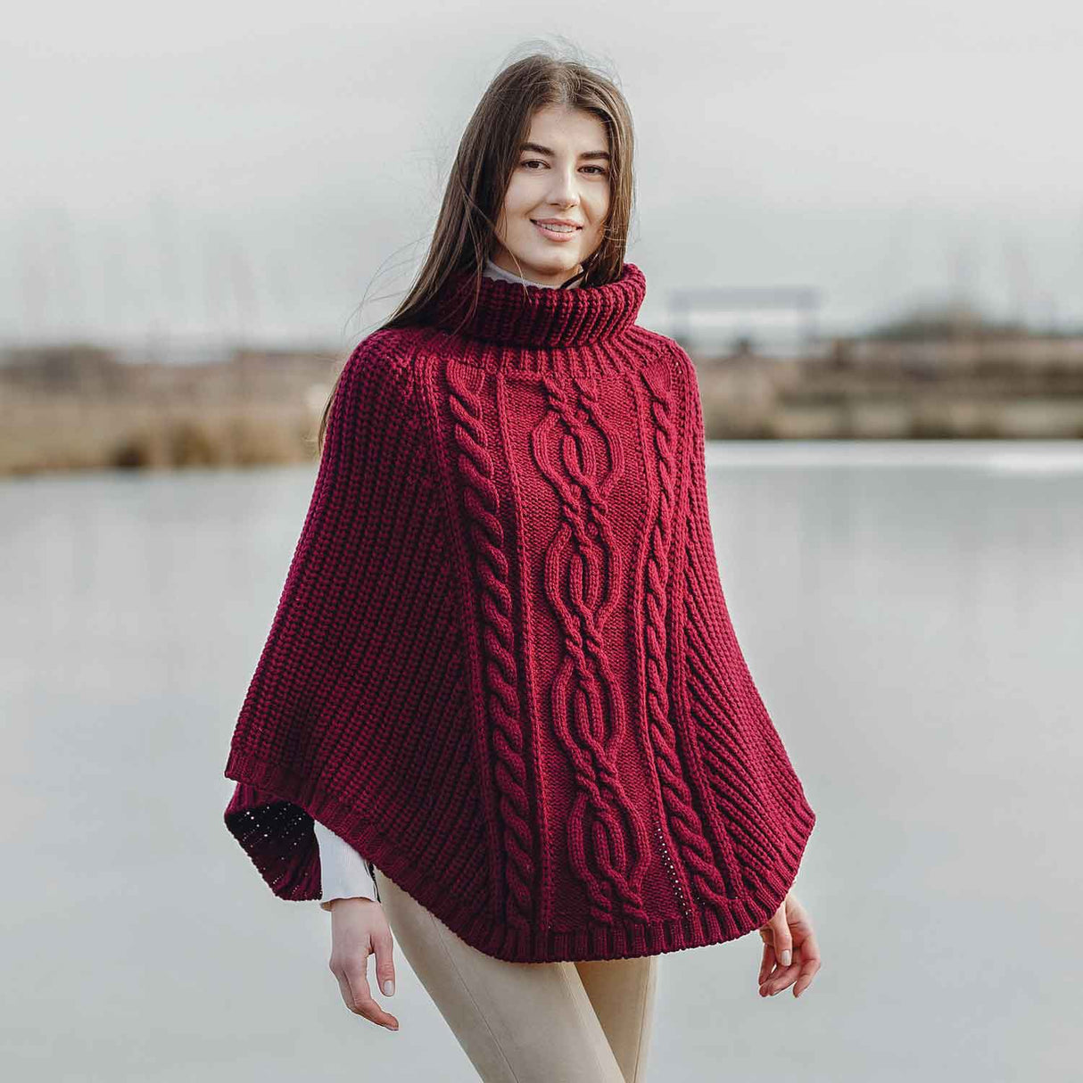 Women's Cable Knit Poncho, Wine - Creative Irish Gifts