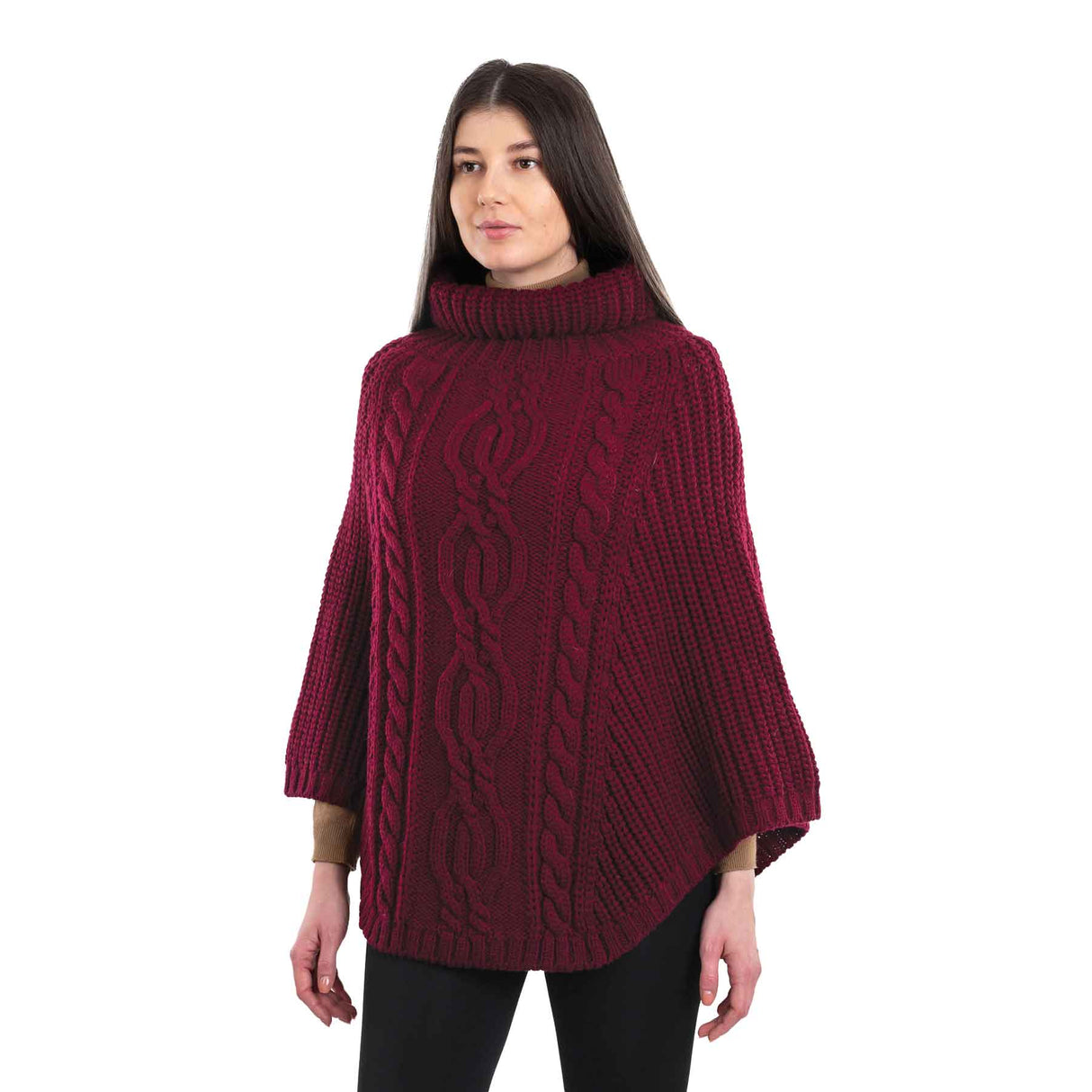 Women's Cable Knit Poncho, Wine - Creative Irish Gifts