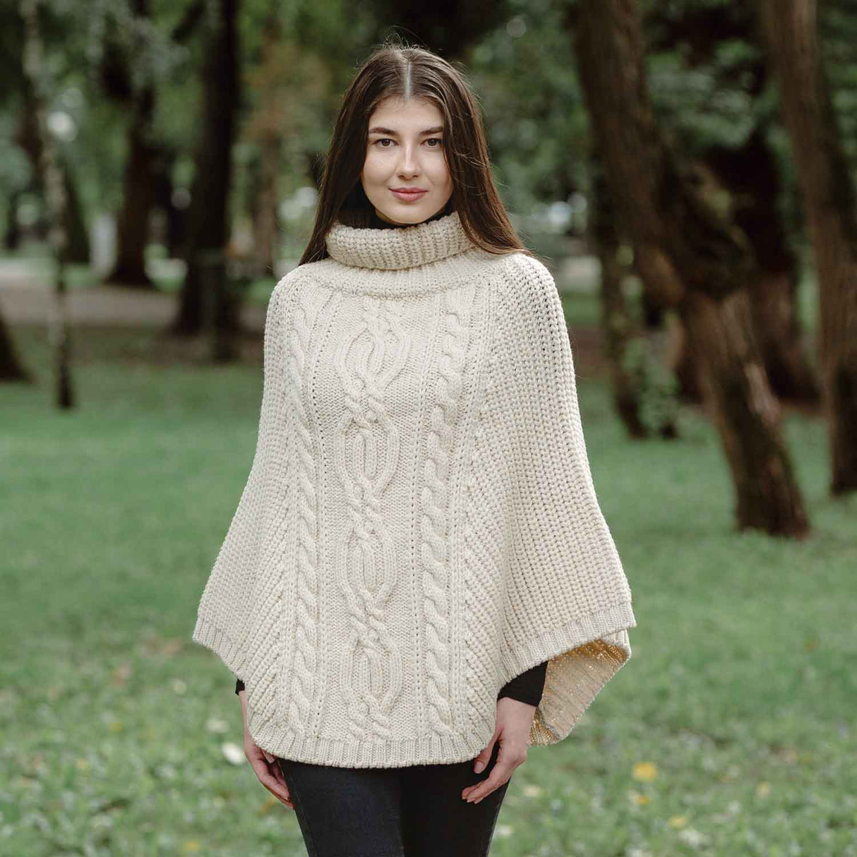 Women's Cable Knit Poncho, Parsnip - Creative Irish Gifts