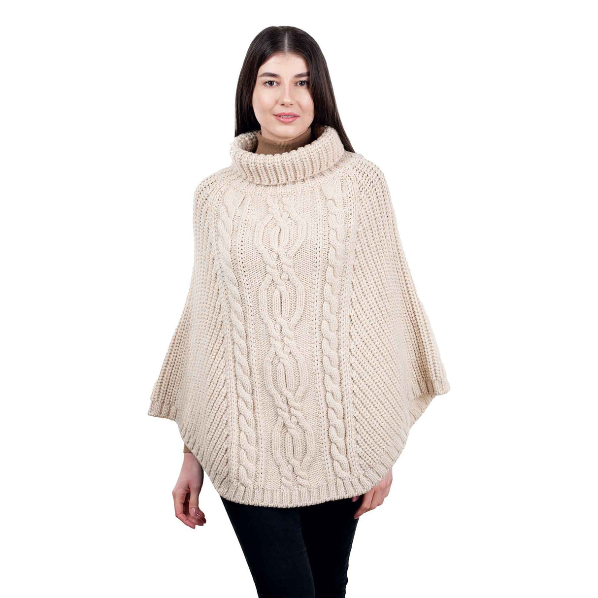 Women's Cable Knit Poncho, Parsnip - Creative Irish Gifts