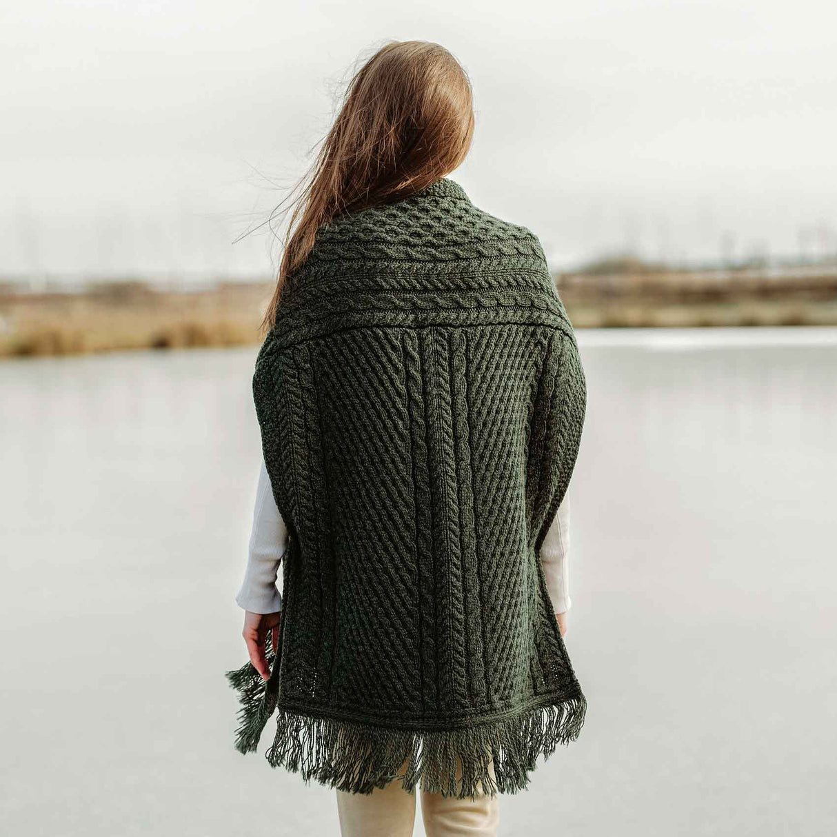 Women's Cable Pattern Pocket Shawl, Army Green - Creative Irish Gifts