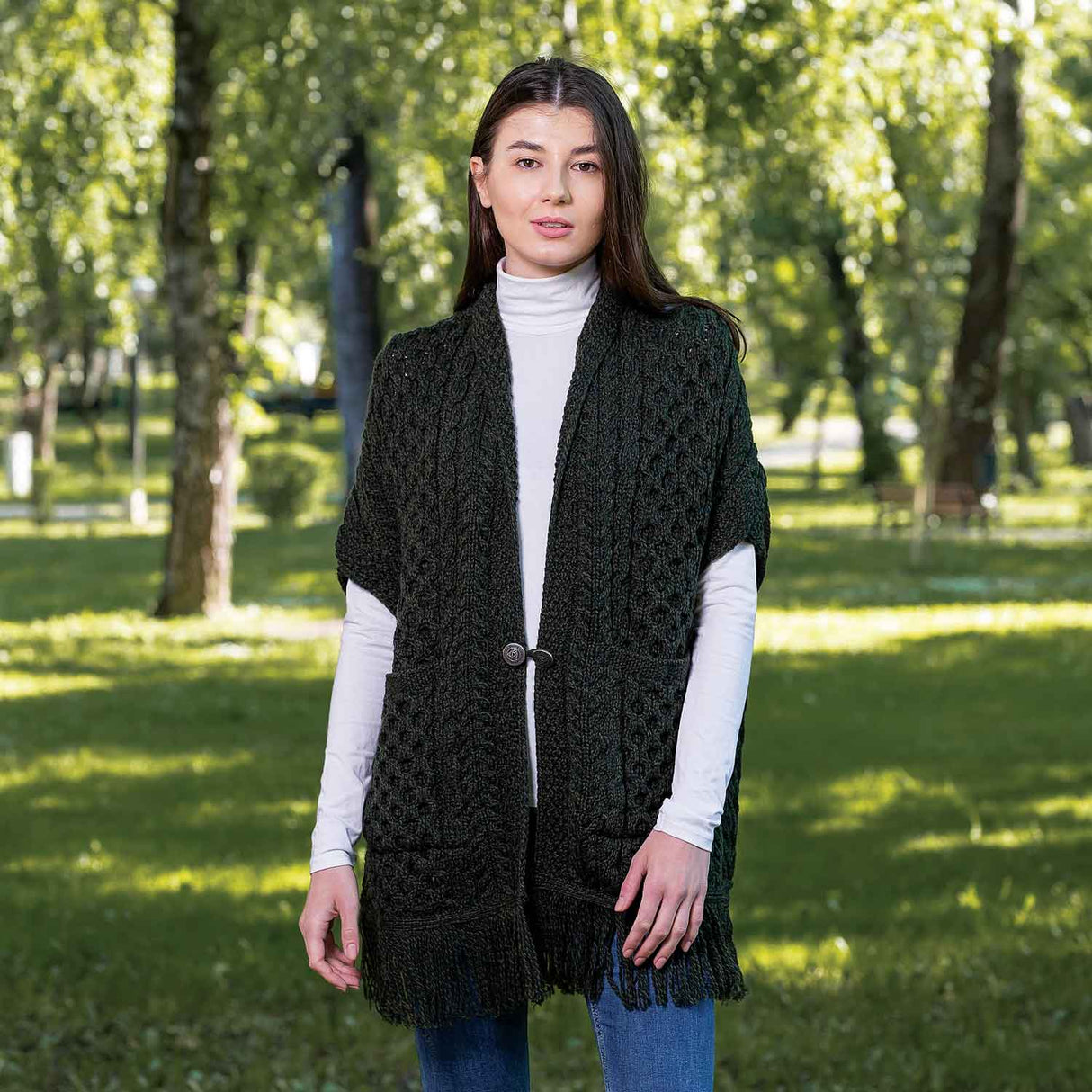 Women's Cable Pattern Pocket Shawl, Army Green - Creative Irish Gifts