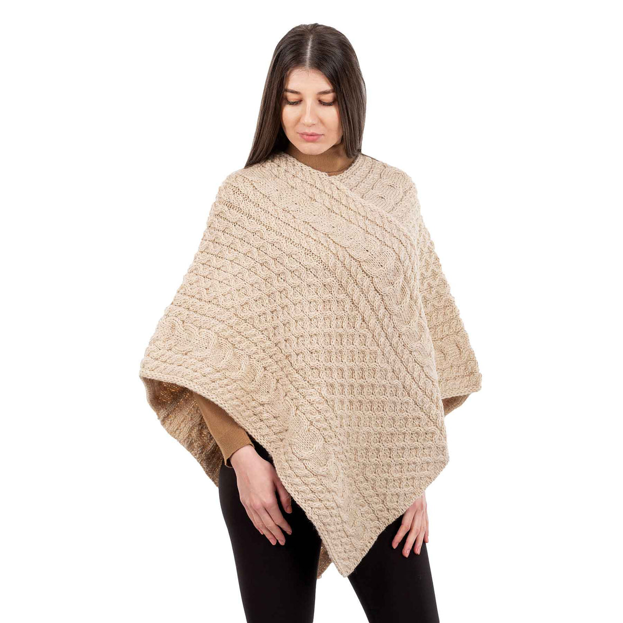 Women's Cable Knit Poncho, Parsnip - Creative Irish Gifts