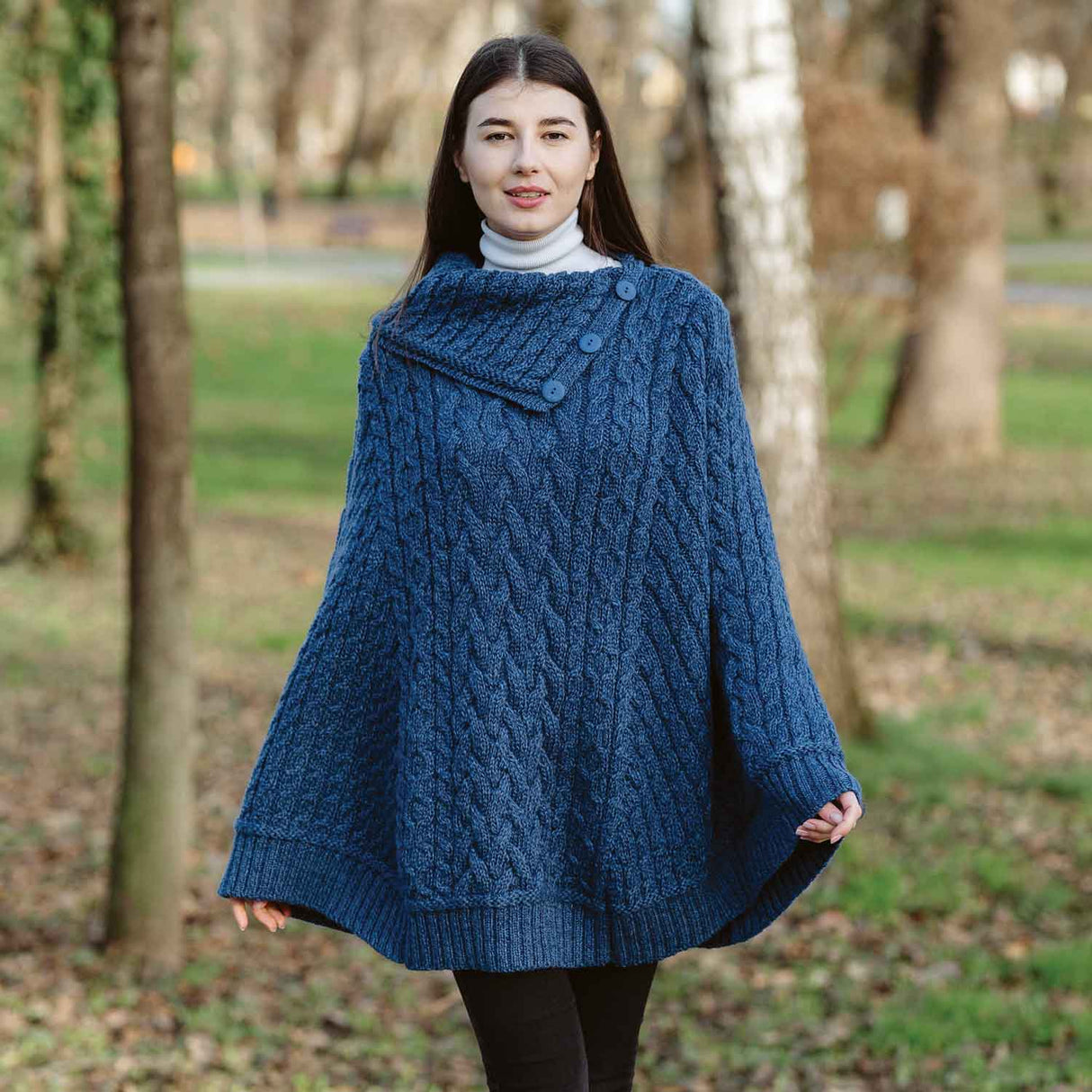 Women's Cowl Neck Button Poncho, Marl Blue - Creative Irish Gifts