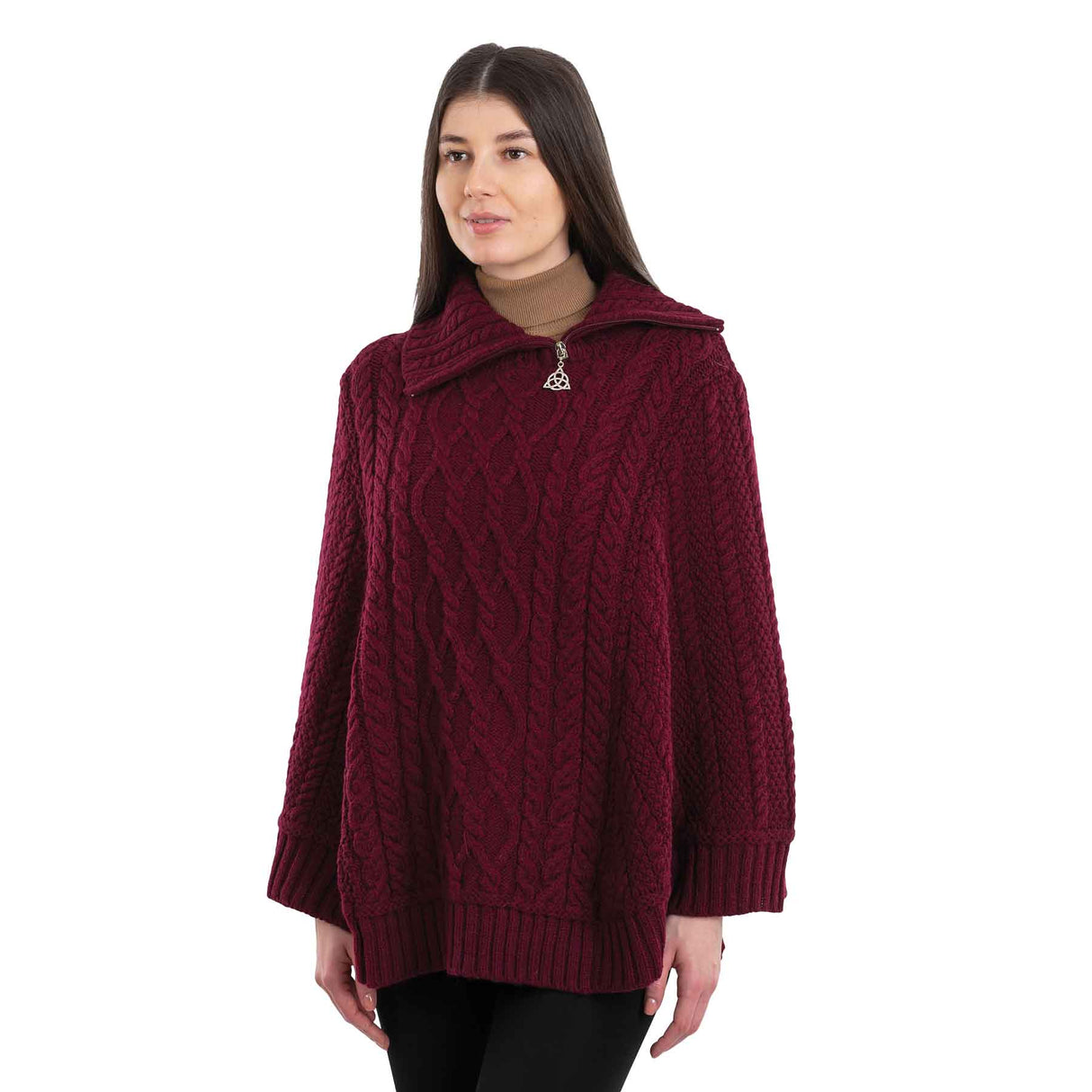 Women's Cowl Neck Zipper Poncho, Wine - Creative Irish Gifts