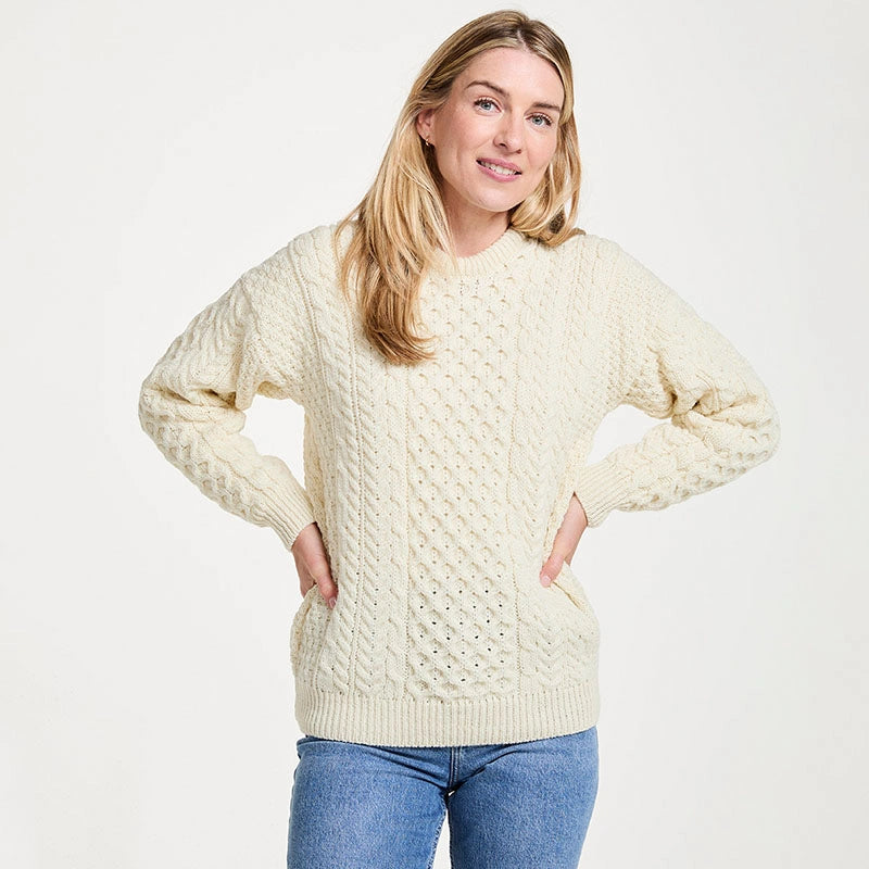 CN025-SWT Traditional Wool Crew Neck Aran Sweater, Cream Creative Irish gift