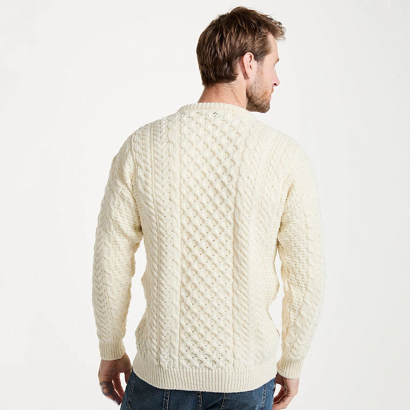 CN025-SWT-SM Traditional Wool Crew Neck Aran Sweater Cream Back Creative Irish gift