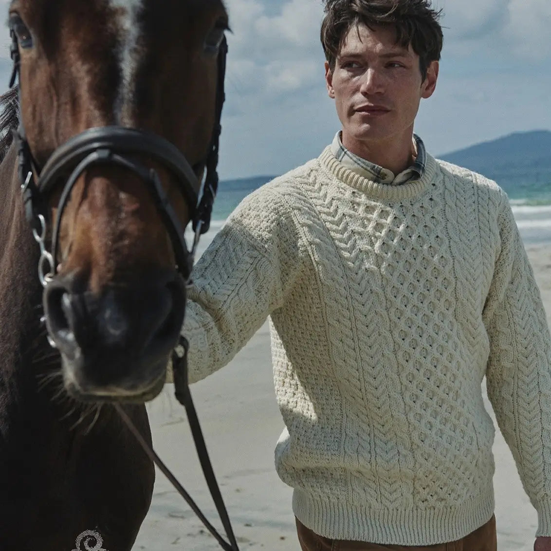 CN025-SWT-SM Traditional Wool Crew Neck Aran Sweater Cream Creative Irish gift-com