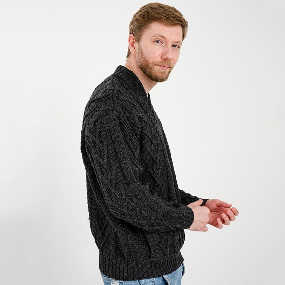 CZ075-GRNMD Men's Merino Wool Shawl Collar Irish Sweater, Charcoal Side View Creative Irish Gifts.com