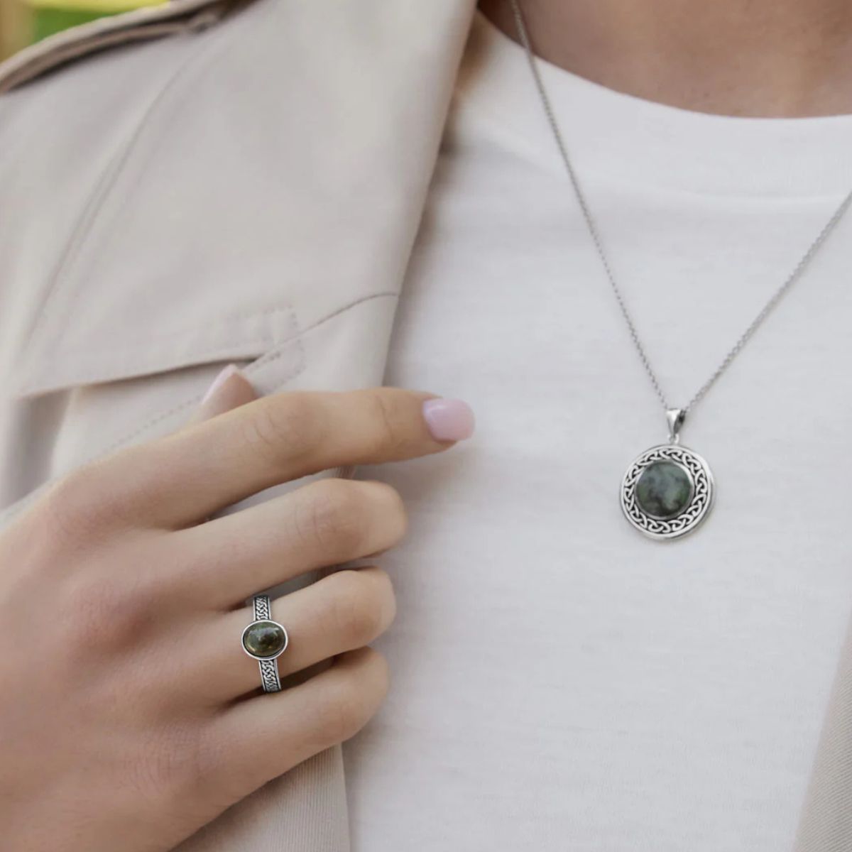 S46133 Connemara Marble Celtic Knot Necklace Lifestyle Creative Irish Gifts