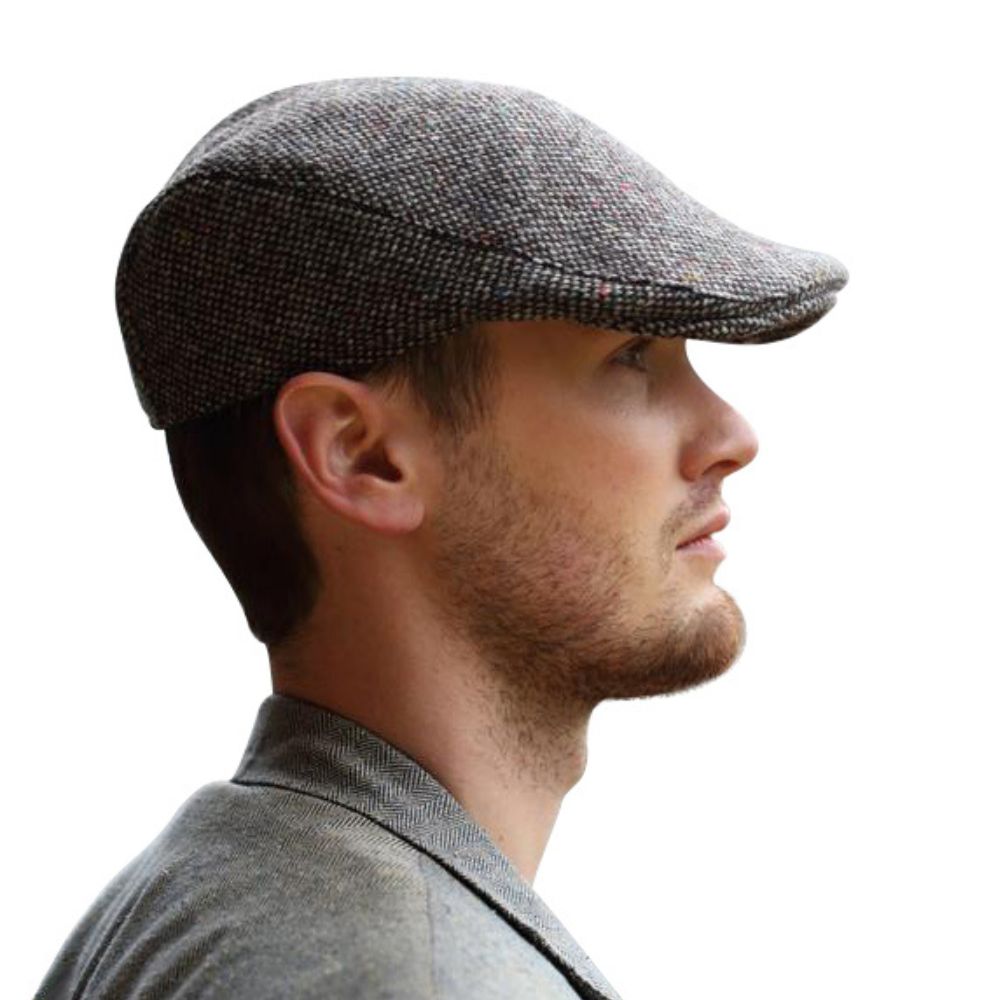 Men's Handcrafted Donegal Tweed Driving Cap Side View Creative Irish Gift