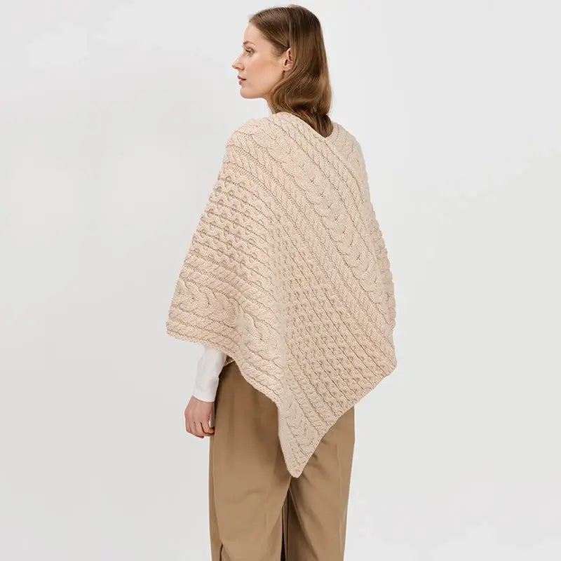 FL176-609 Women's Merino Wool Aran Triangular Poncho, Parsnip Back View Creative Irish Gifts